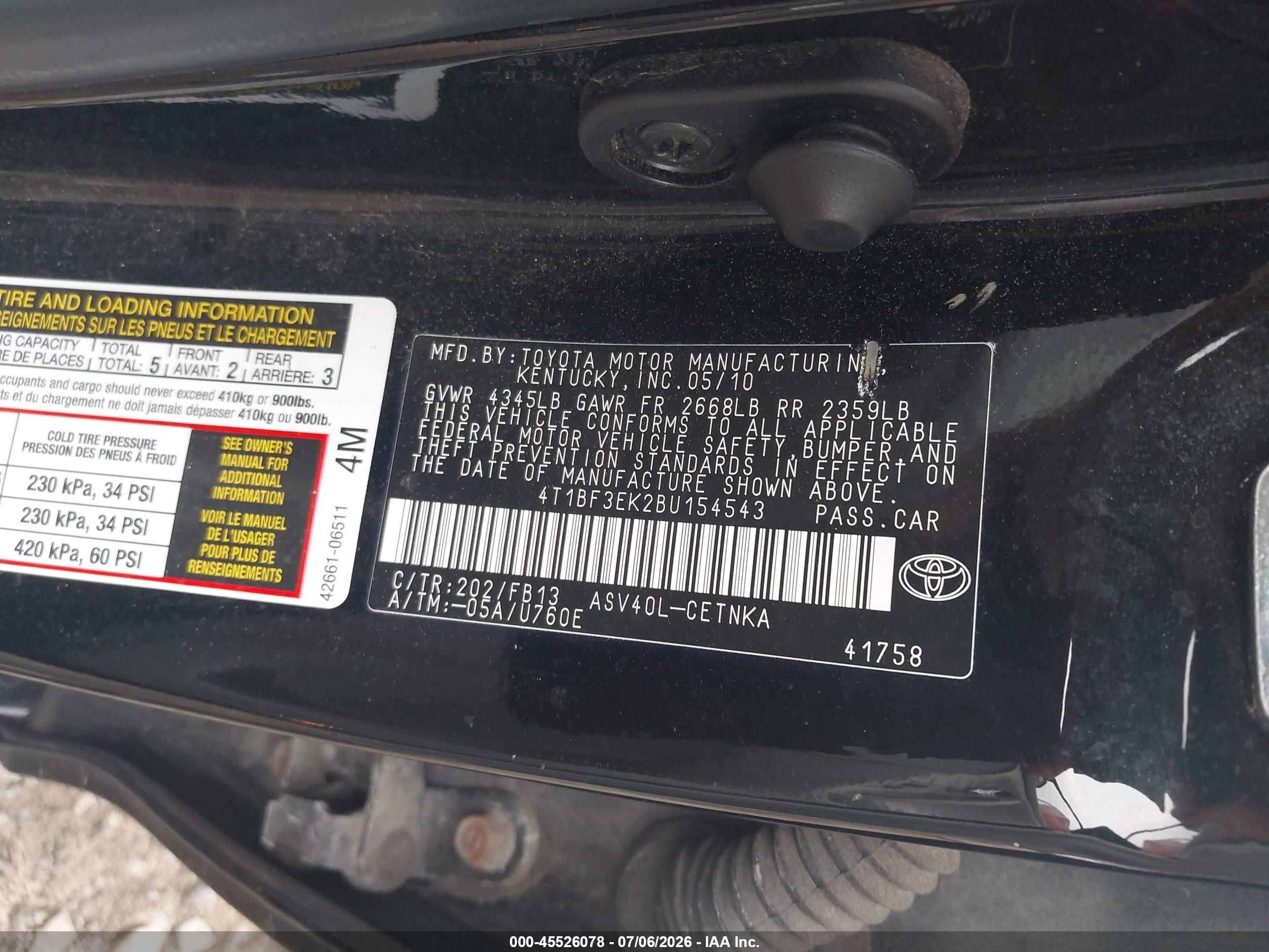 2011 Toyota Camry Le Black vin: 4T1BF3EK2BU154543