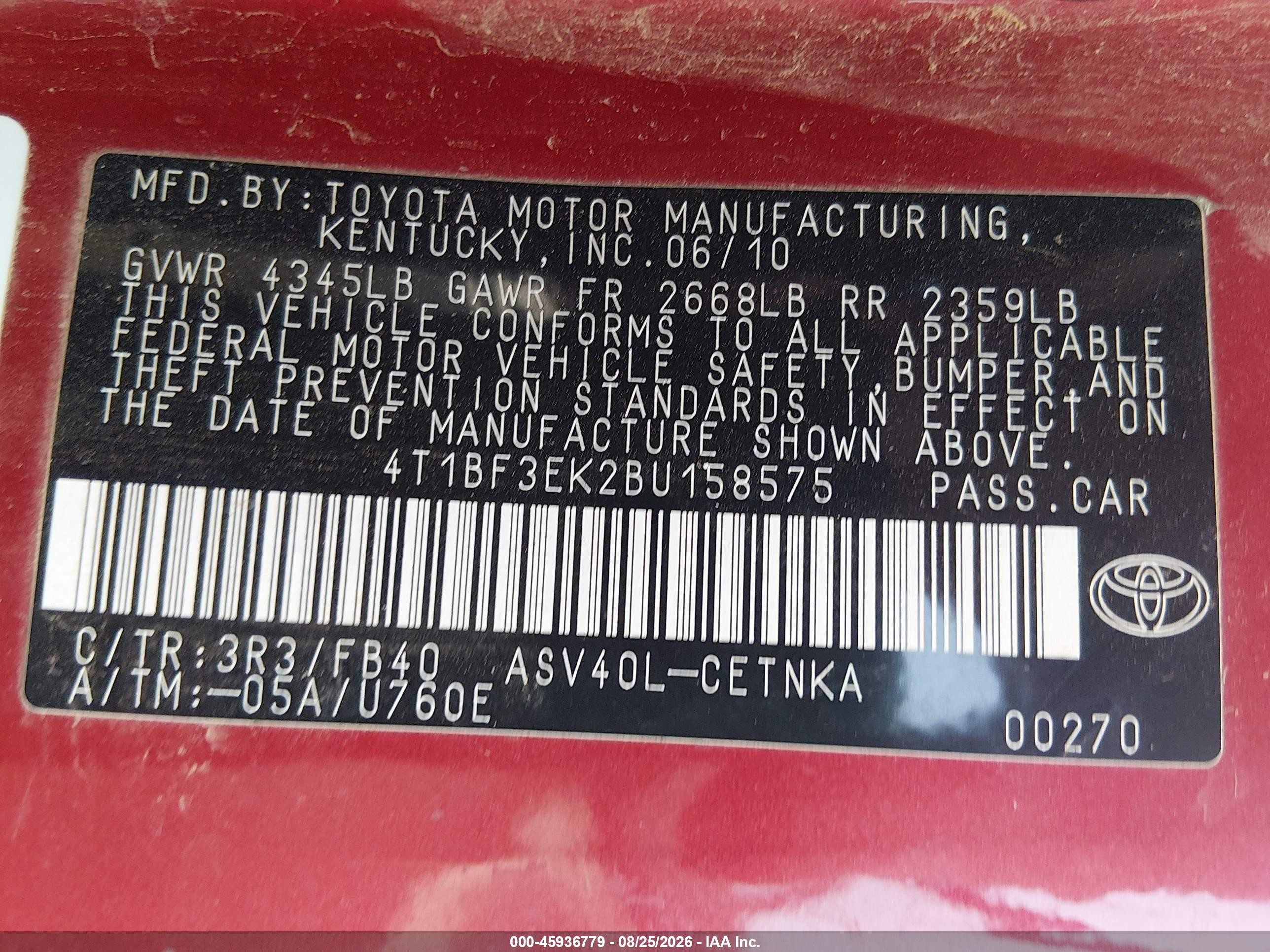2011 Toyota Camry Le Red vin: 4T1BF3EK2BU158575
