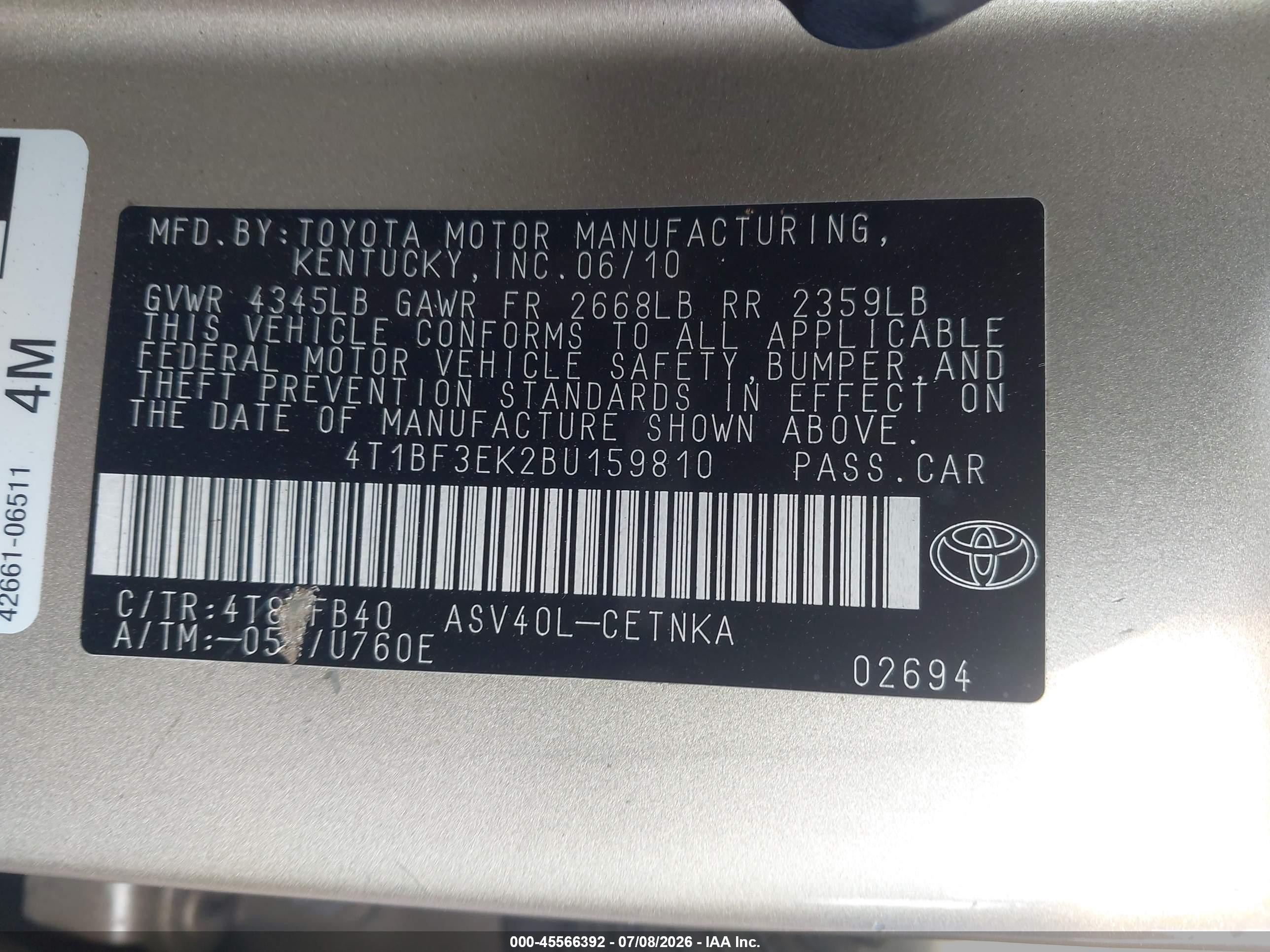 2011 Toyota Camry Le Gold vin: 4T1BF3EK2BU159810