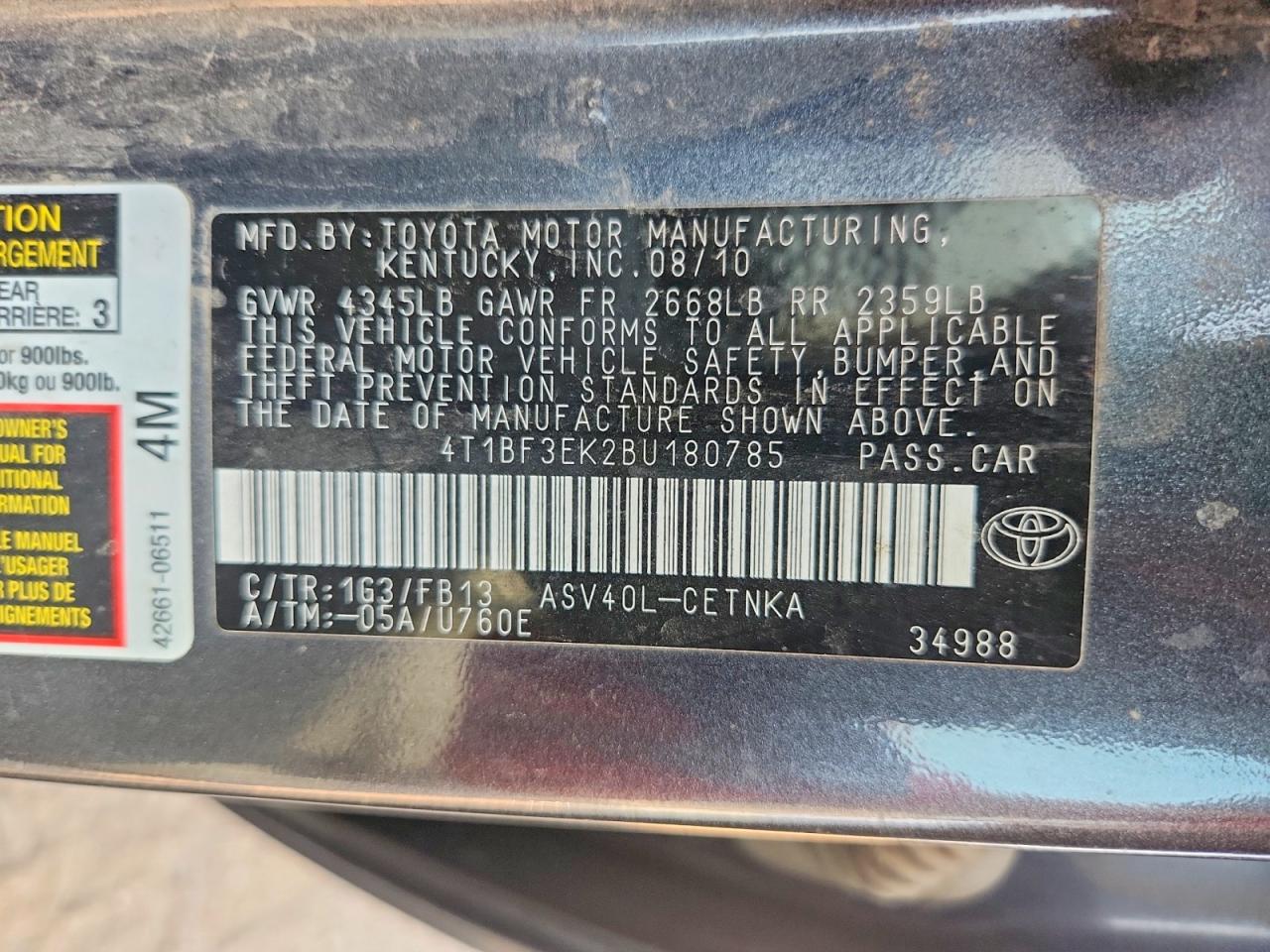 2011 Toyota Camry Base Gray vin: 4T1BF3EK2BU180785