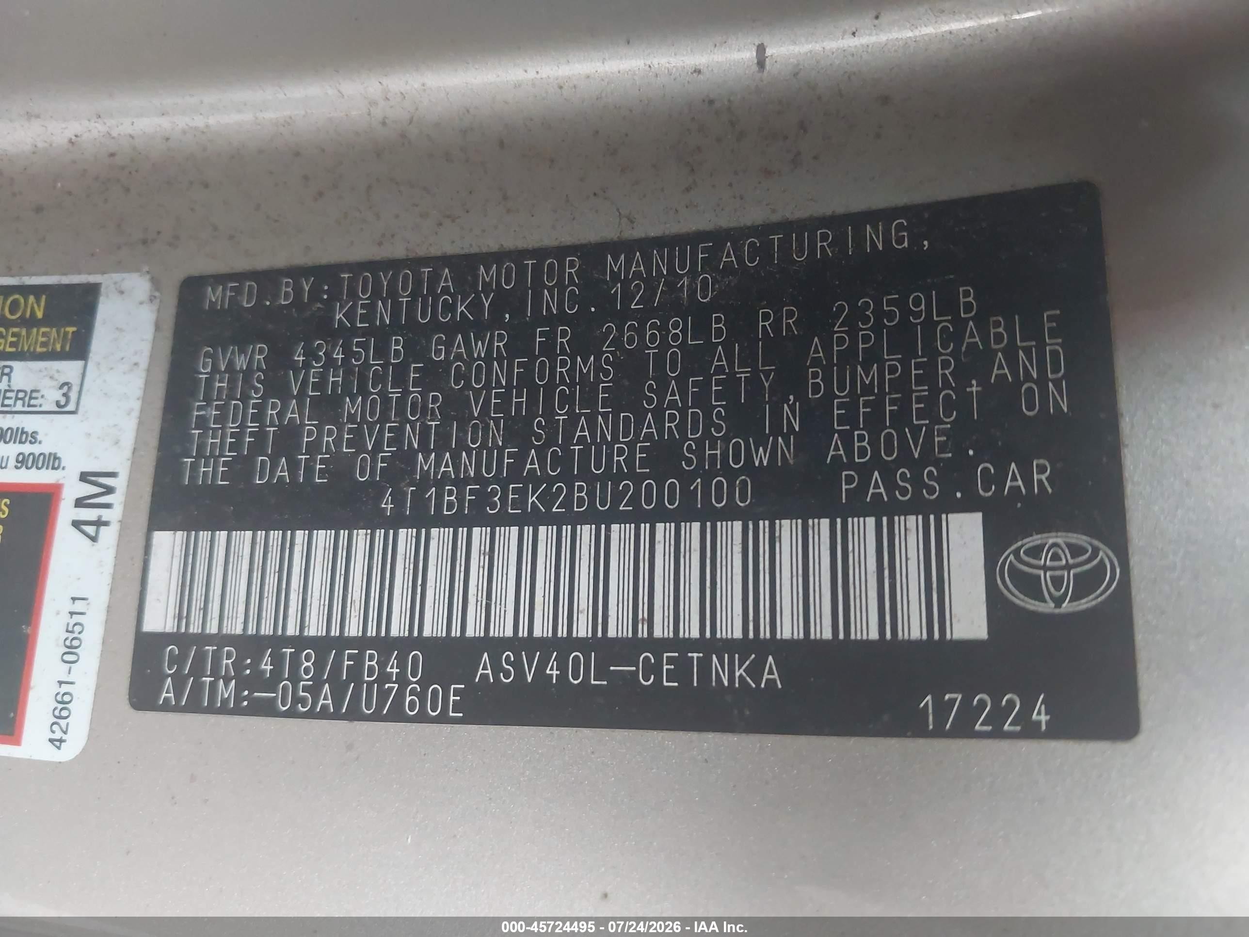 2011 Toyota Camry Le Tan vin: 4T1BF3EK2BU200100