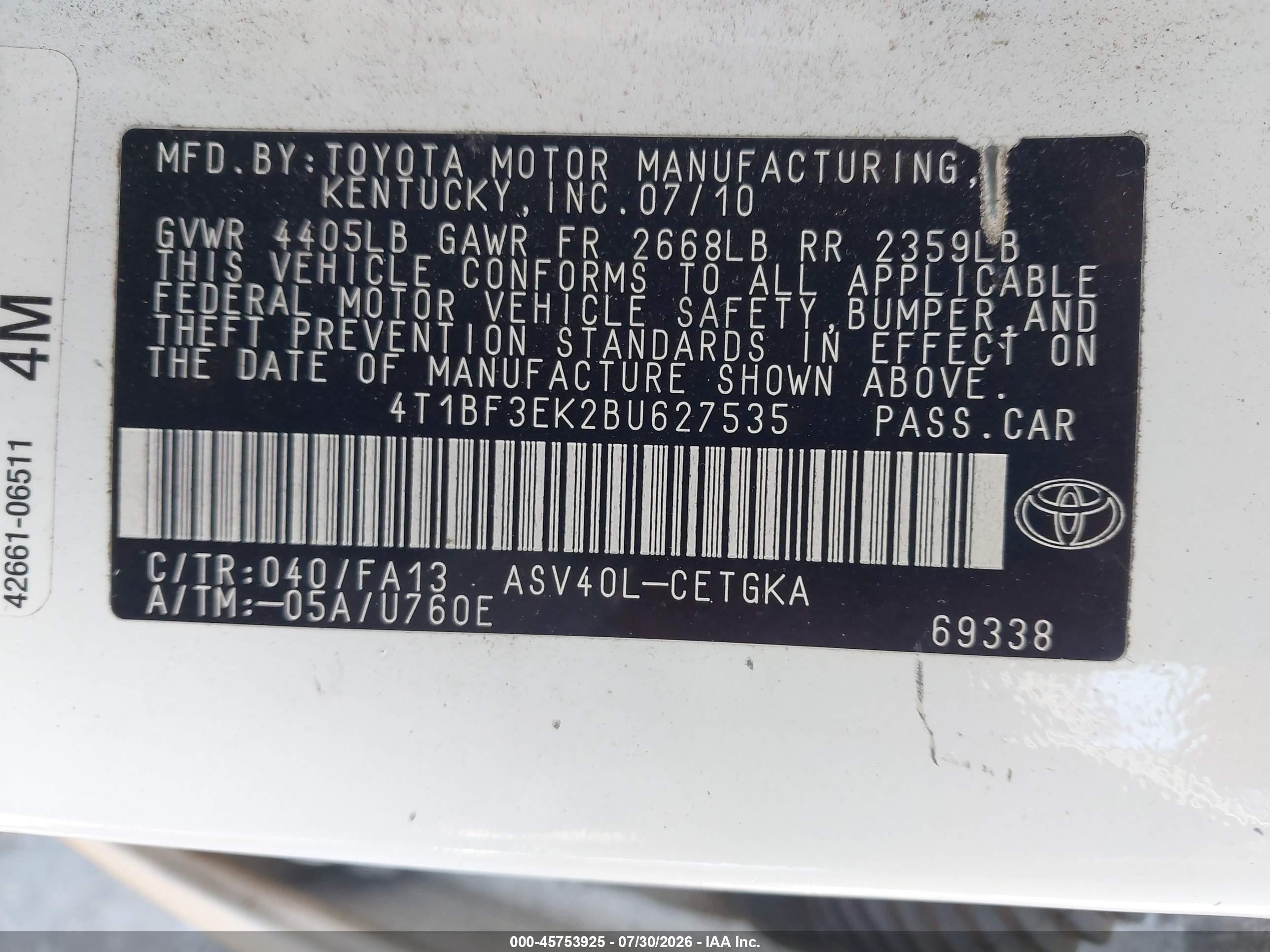 2011 Toyota Camry Xle White vin: 4T1BF3EK2BU627535