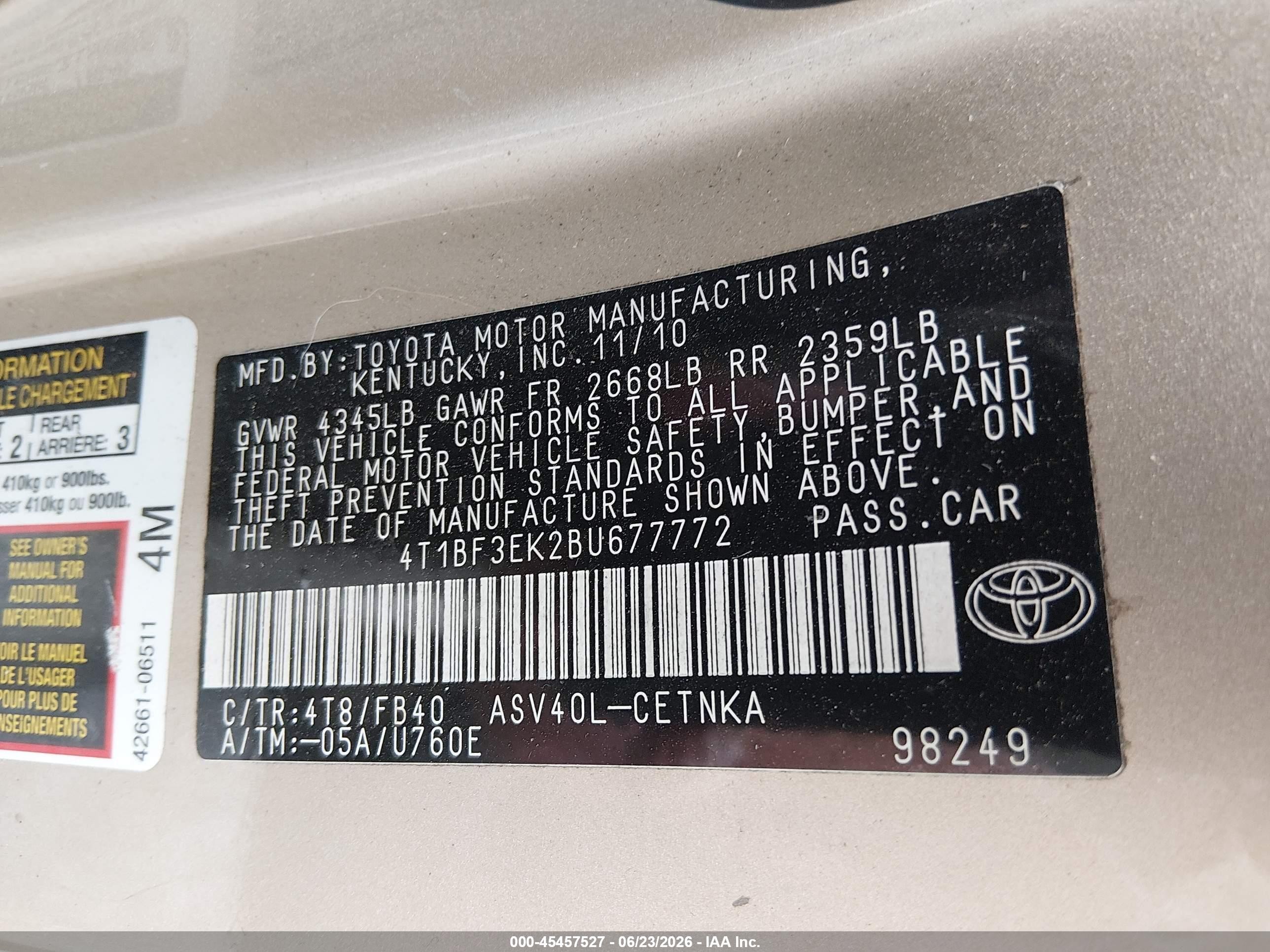 2011 Toyota Camry   Gold vin: 4T1BF3EK2BU677772