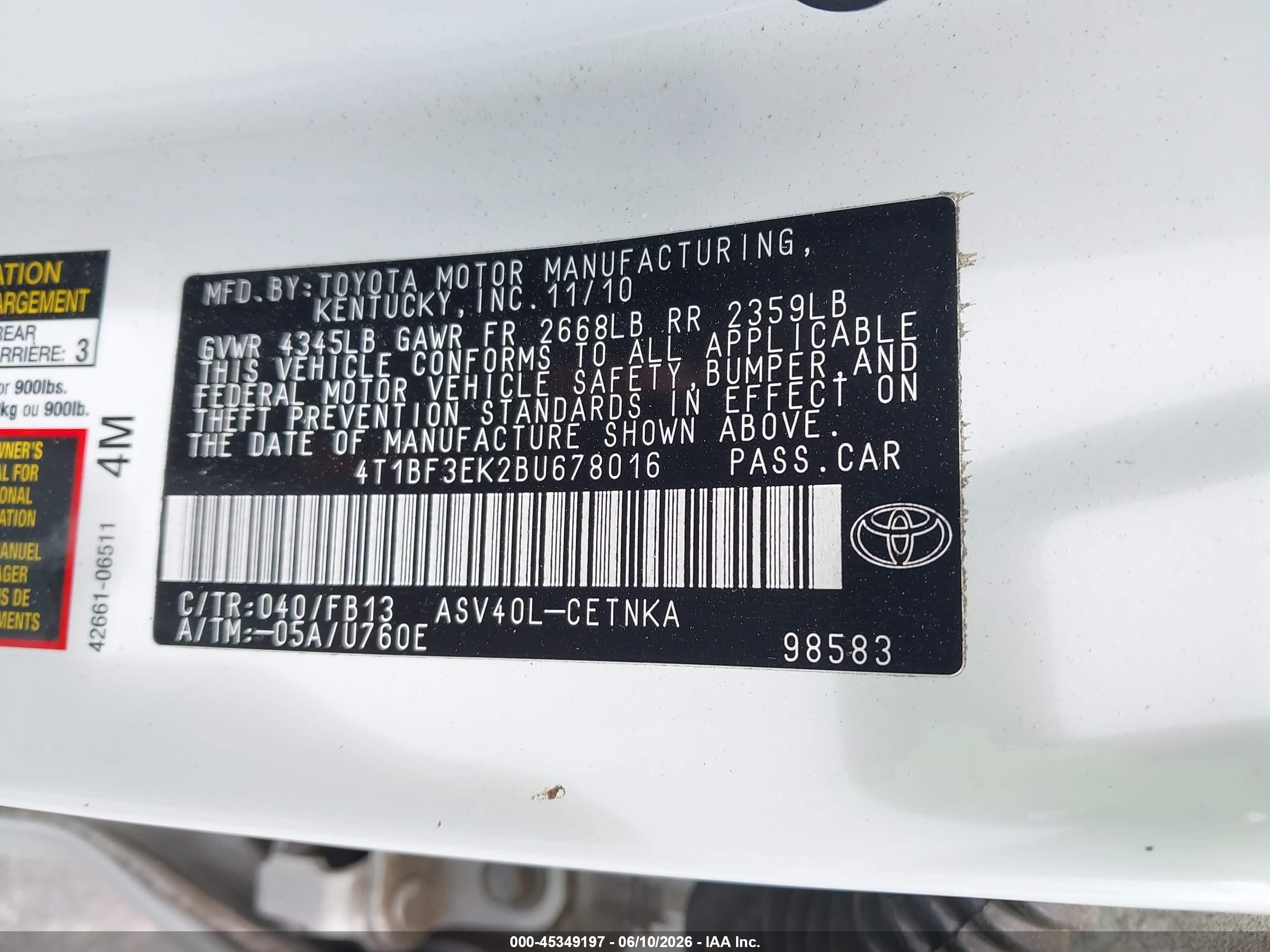 2011 Toyota Camry Le White vin: 4T1BF3EK2BU678016