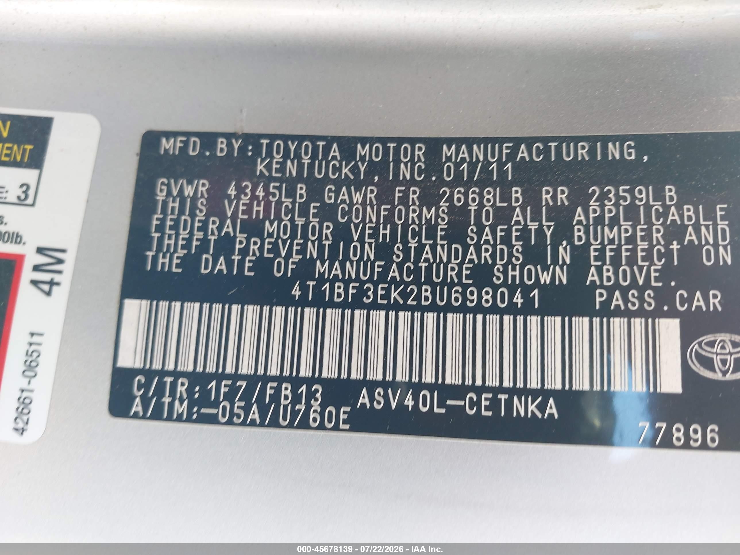 2011 Toyota Camry Le Silver vin: 4T1BF3EK2BU698041