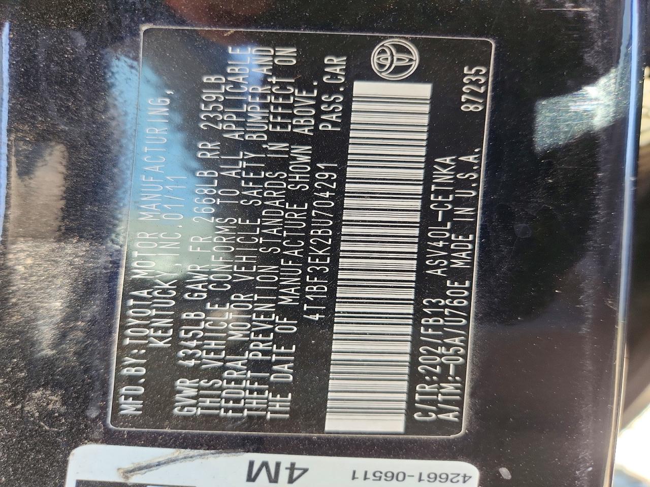 2011 Toyota Camry Le Black vin: 4T1BF3EK2BU704291