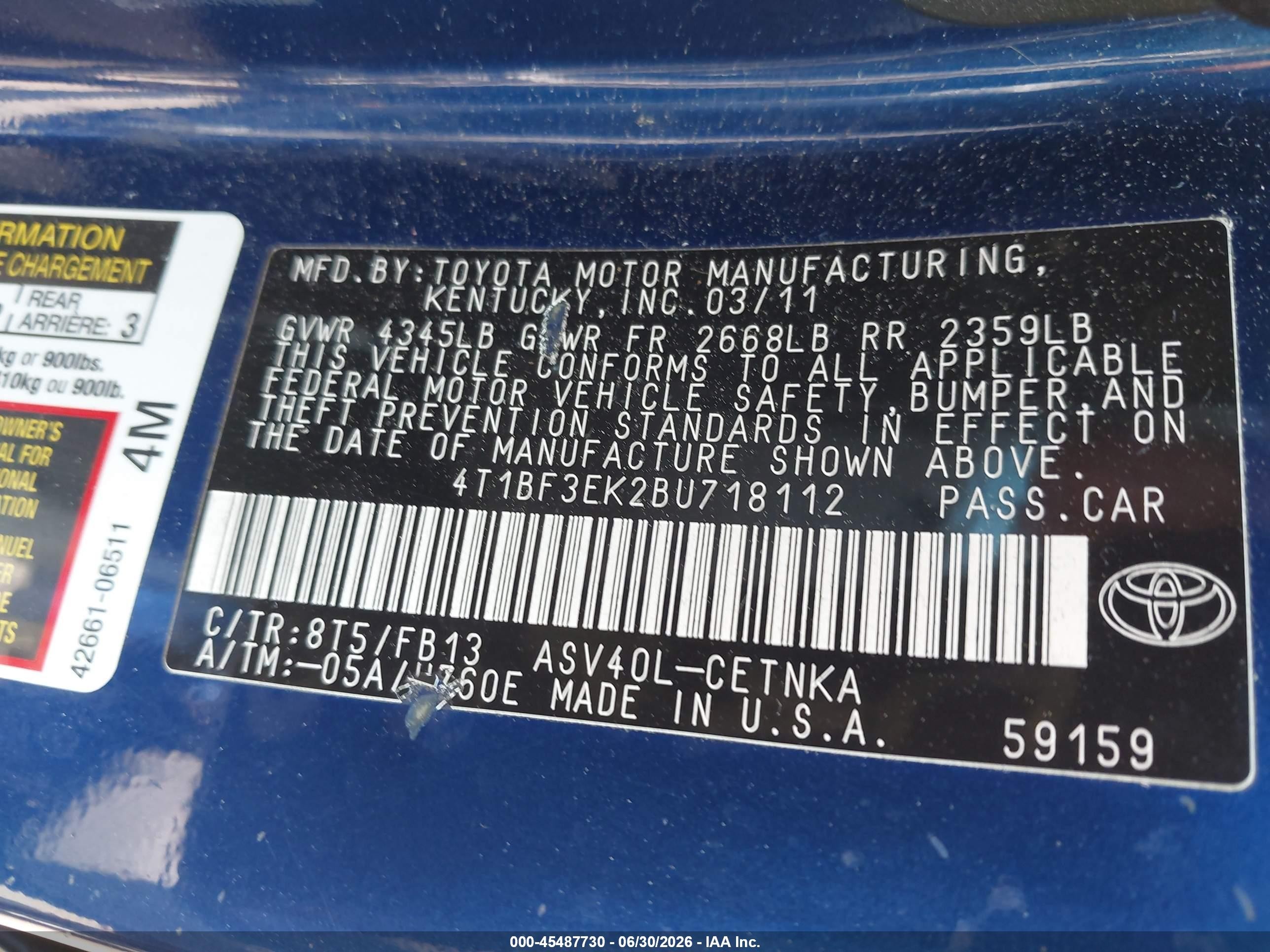 2011 Toyota Camry Le Blue vin: 4T1BF3EK2BU718112