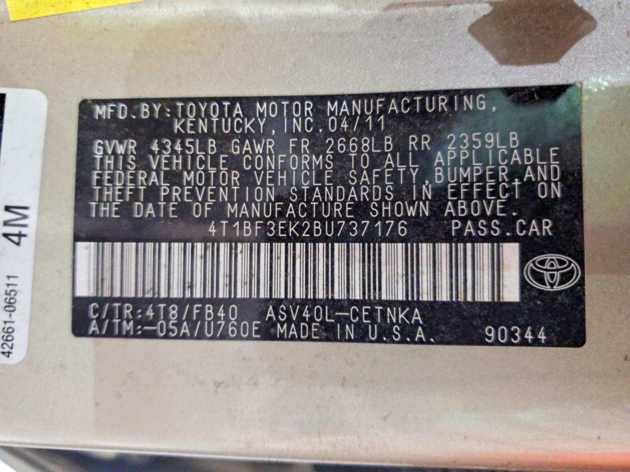 2011 Toyota Camry Le Beige vin: 4T1BF3EK2BU737176