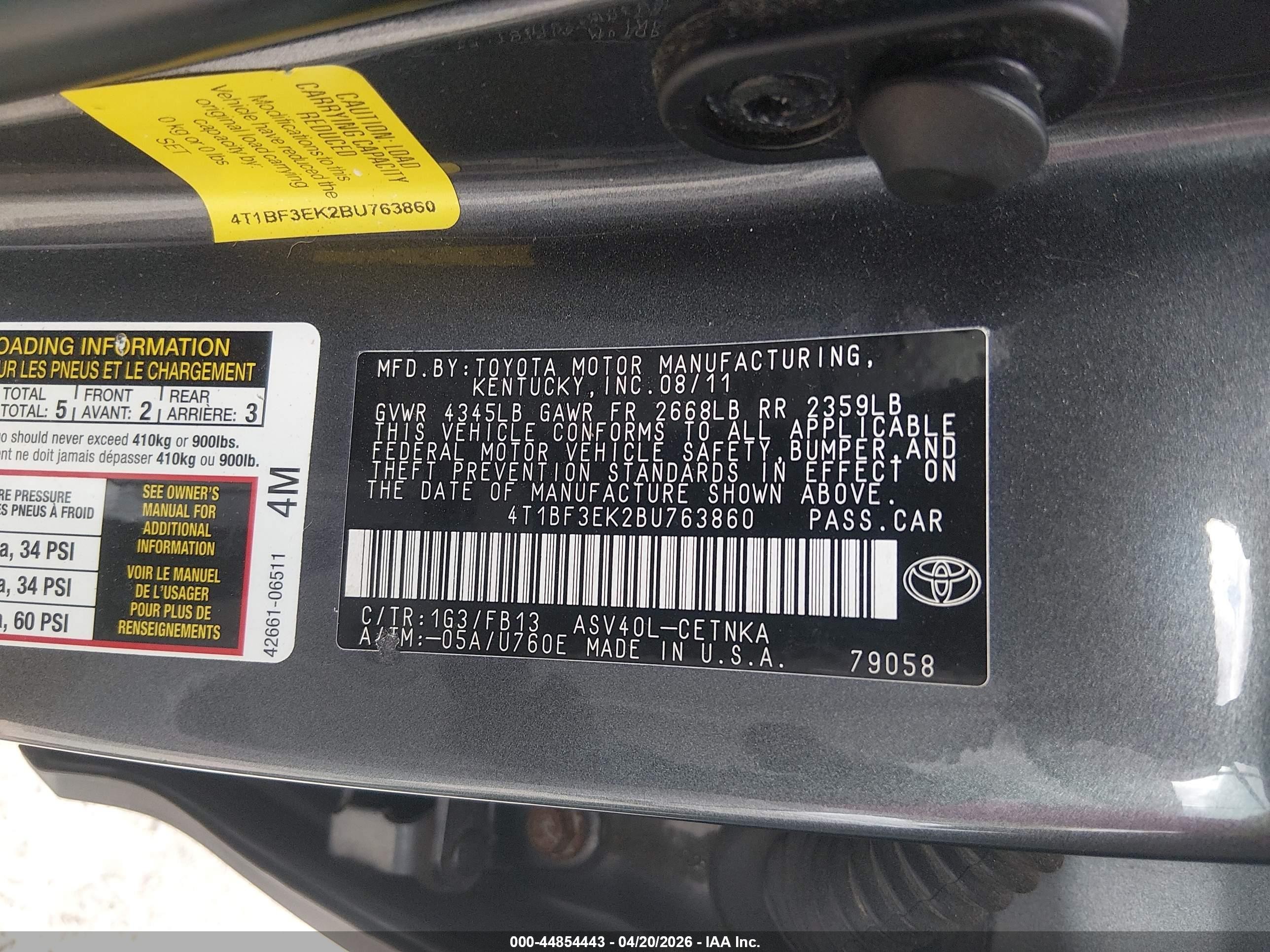 2011 Toyota Camry Le Gray vin: 4T1BF3EK2BU763860