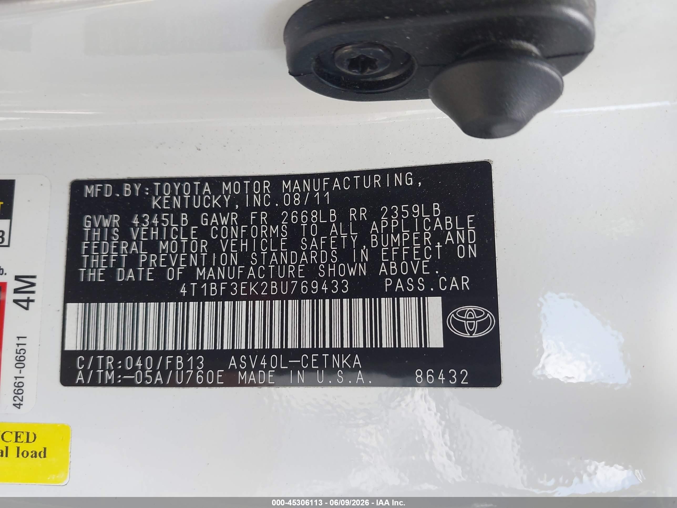 2011 Toyota Camry Le White vin: 4T1BF3EK2BU769433