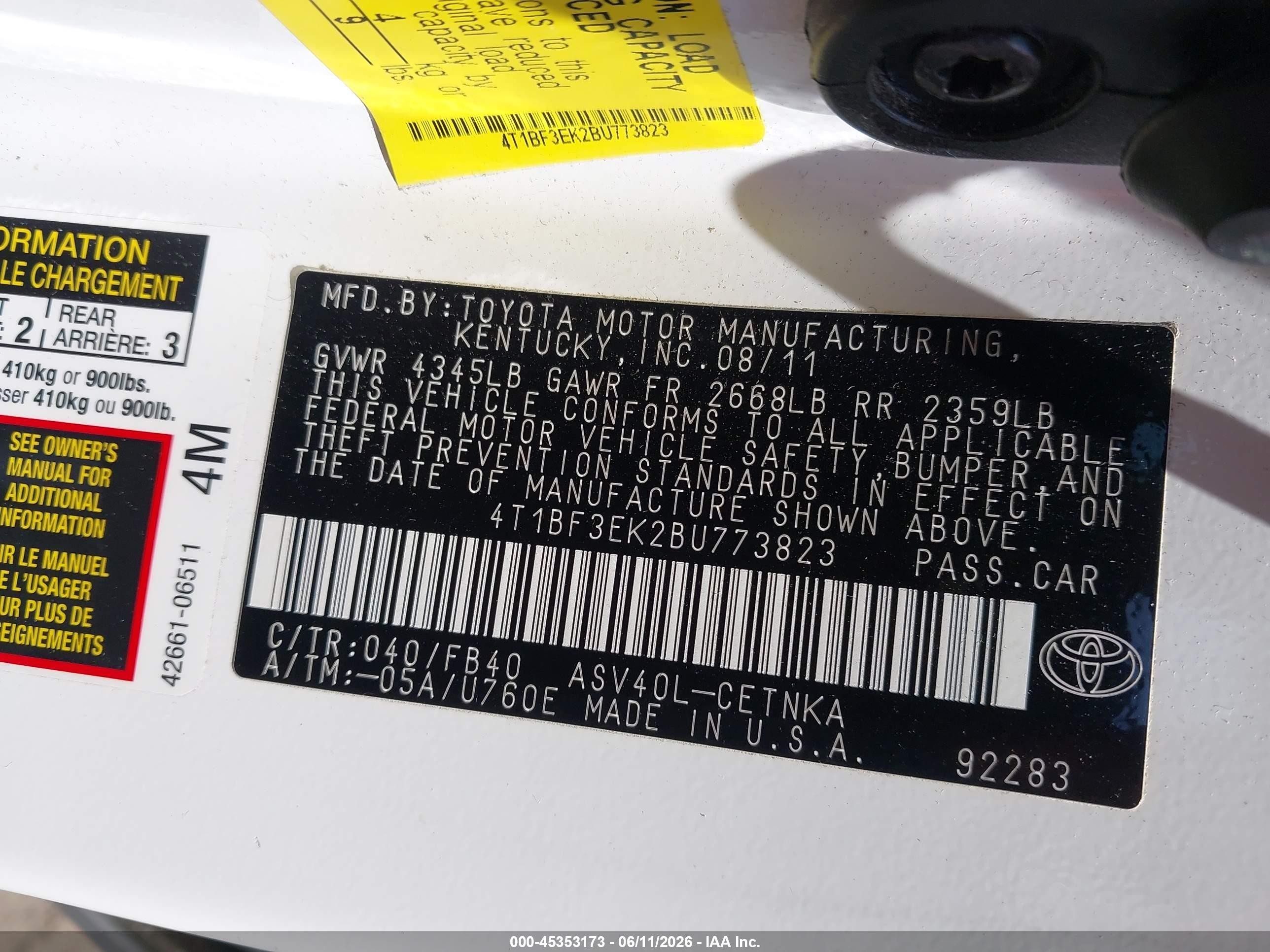 2011 Toyota Camry Le White vin: 4T1BF3EK2BU773823