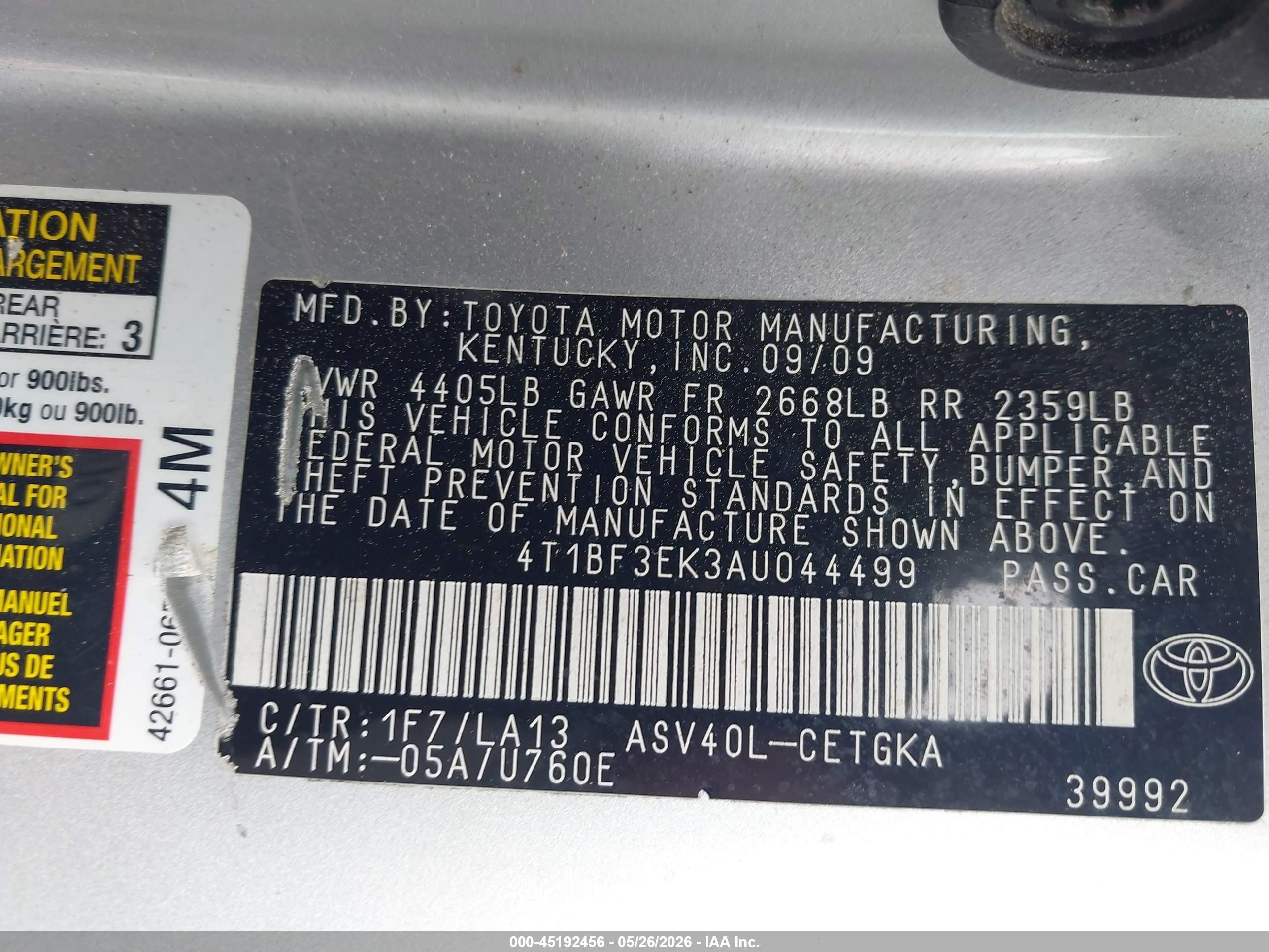 2010 Toyota Camry Xle Black vin: 4T1BF3EK3AU044499