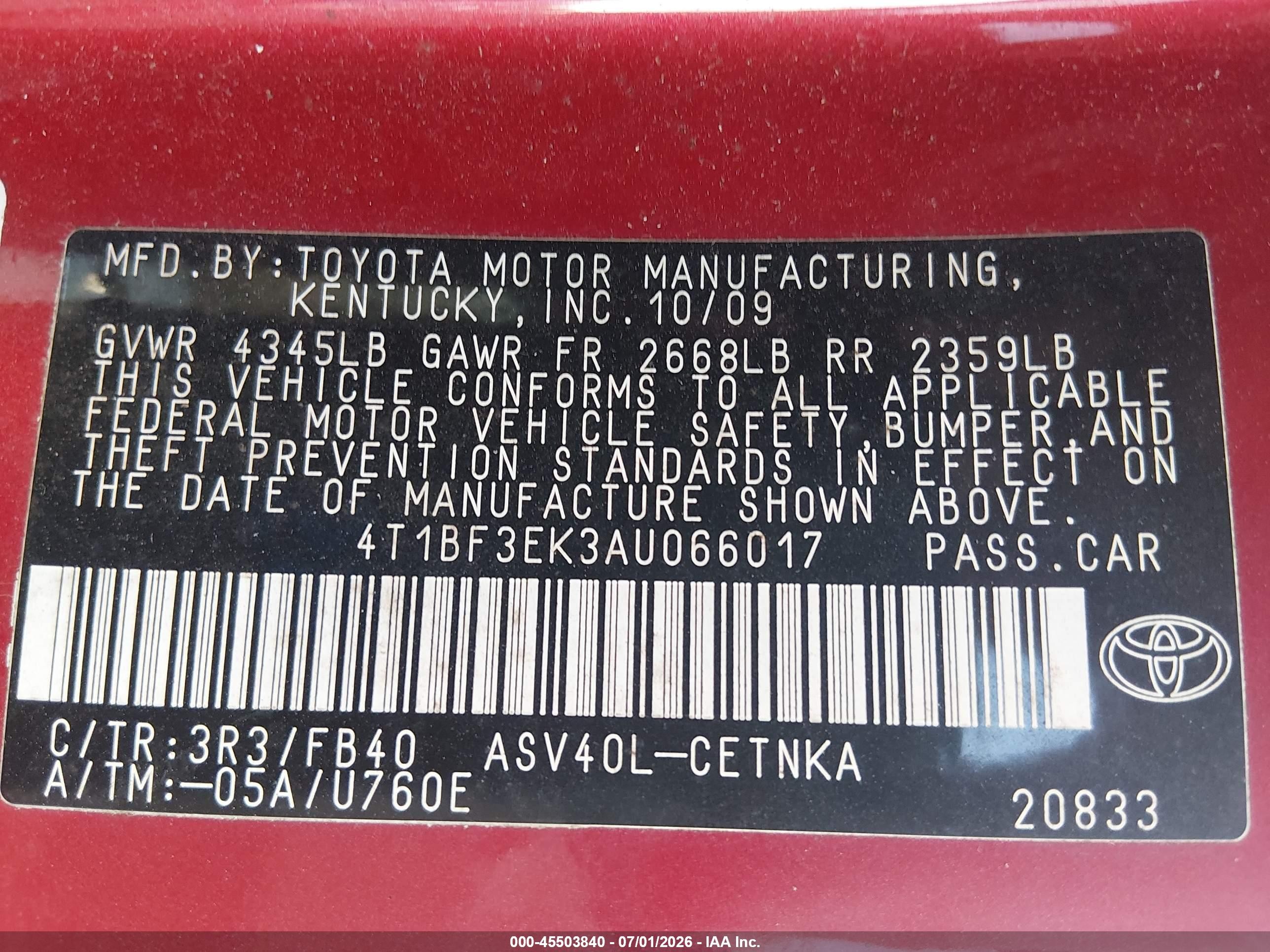 2010 Toyota Camry Le Красный vin: 4T1BF3EK3AU066017