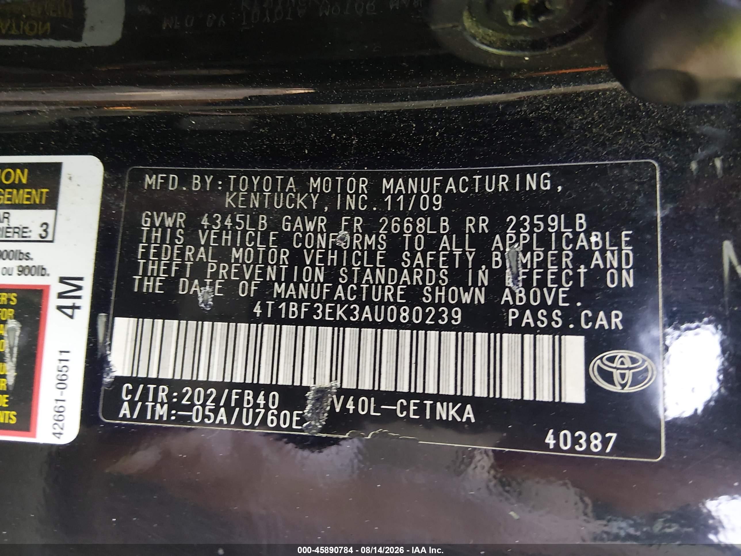 2010 Toyota Camry Le Black vin: 4T1BF3EK3AU080239