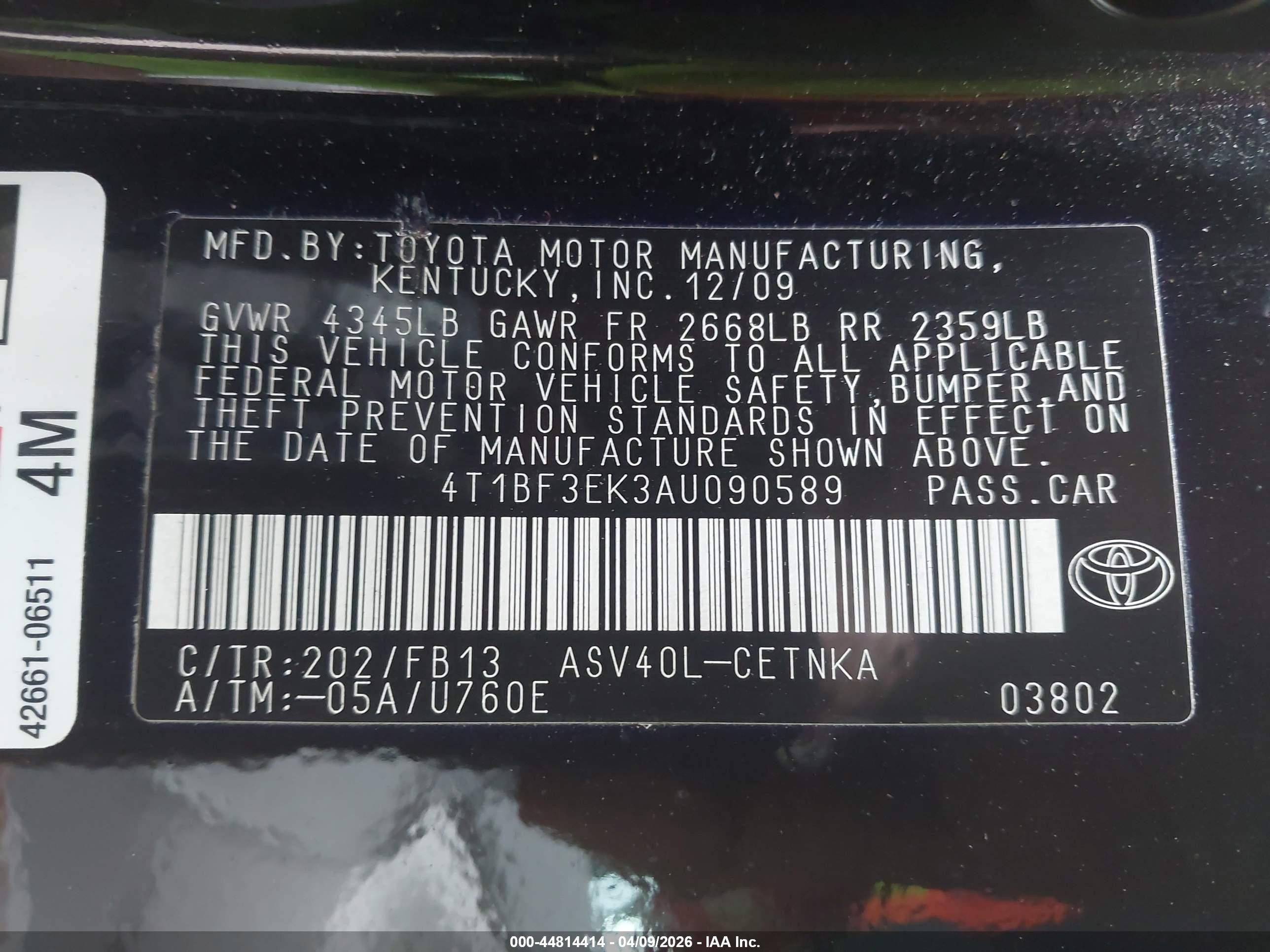 2010 Toyota Camry Le Черный vin: 4T1BF3EK3AU090589