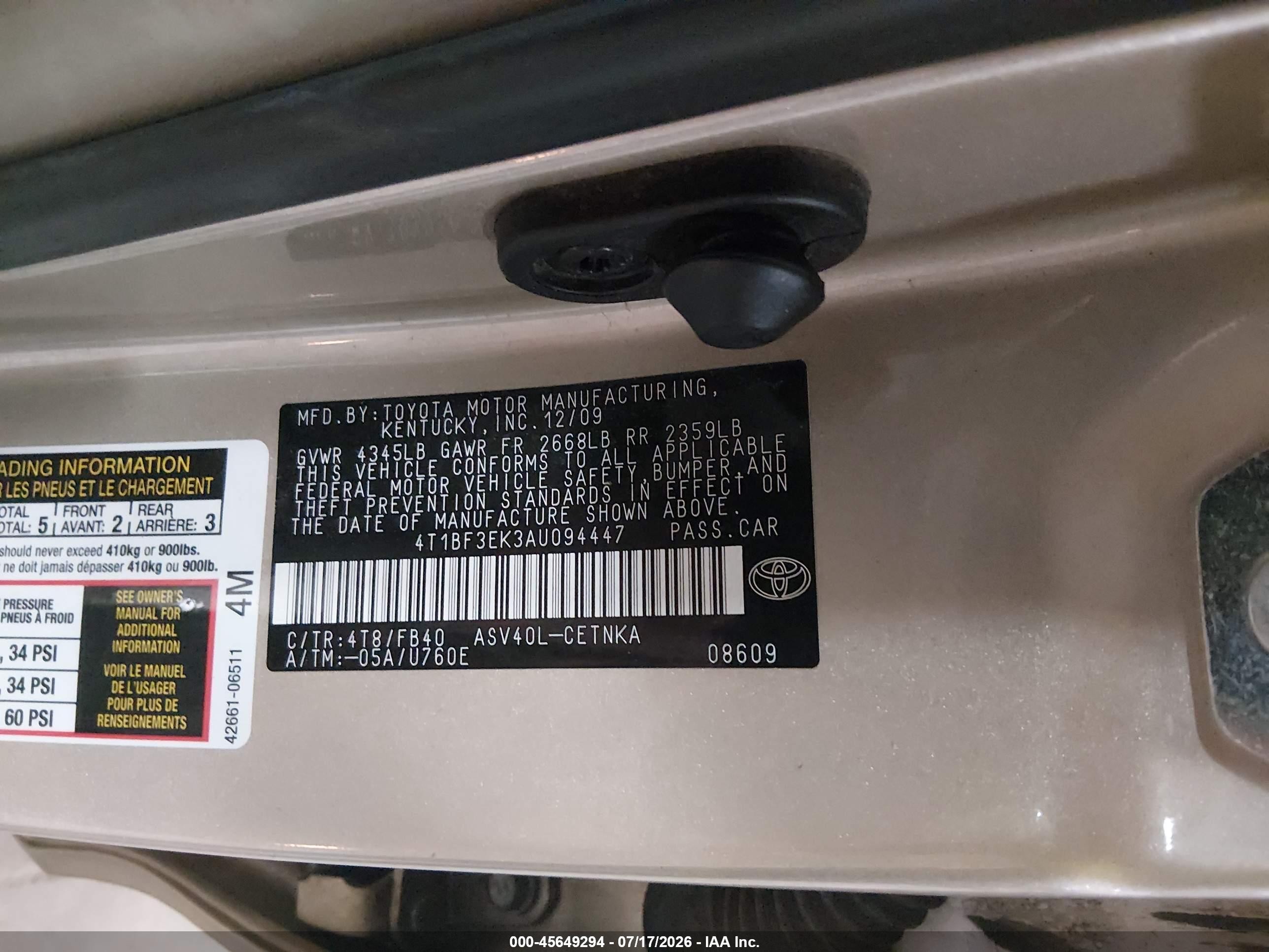 2010 Toyota Camry Le Золотой vin: 4T1BF3EK3AU094447