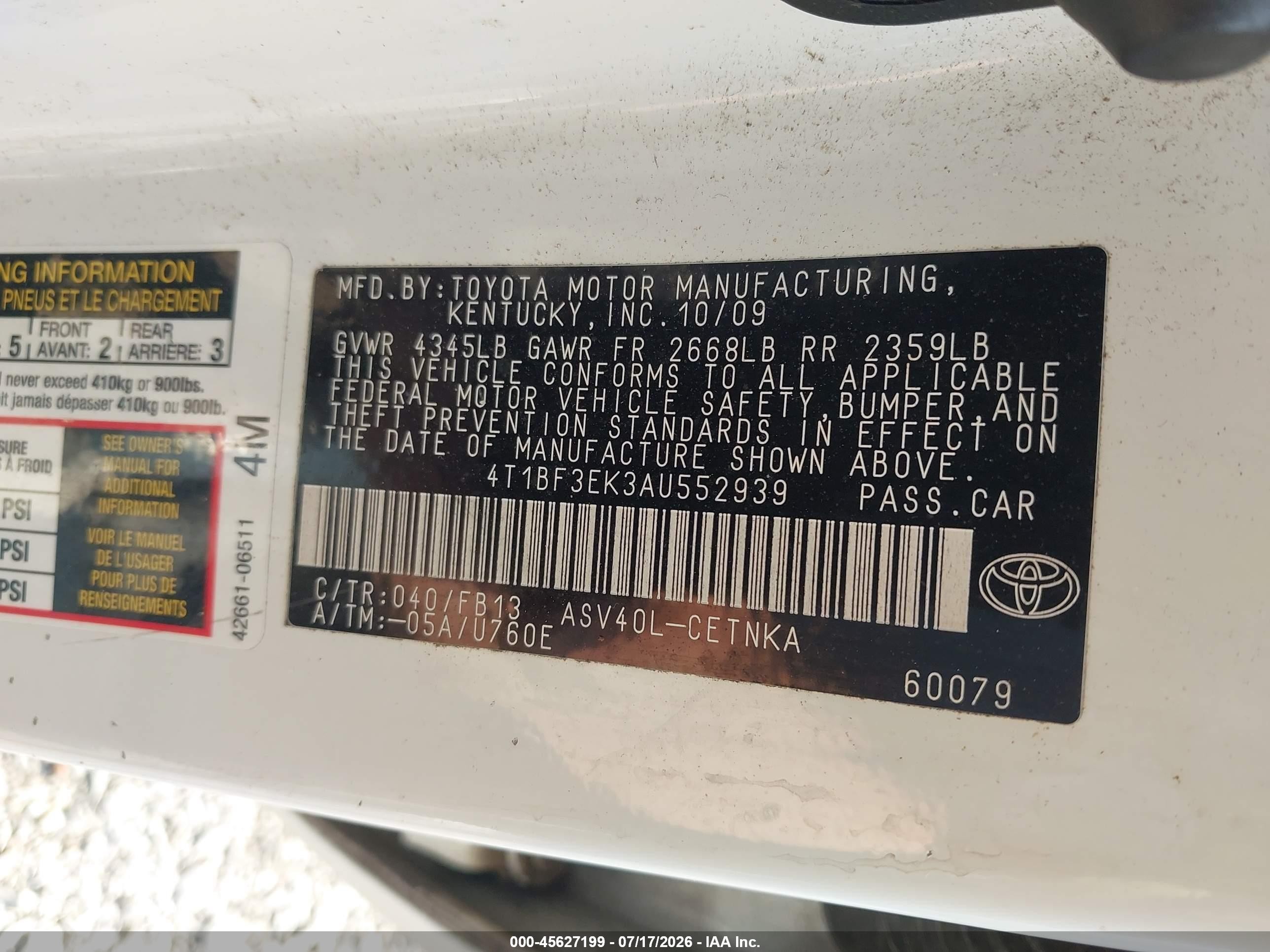 2010 Toyota Camry Le White vin: 4T1BF3EK3AU552939