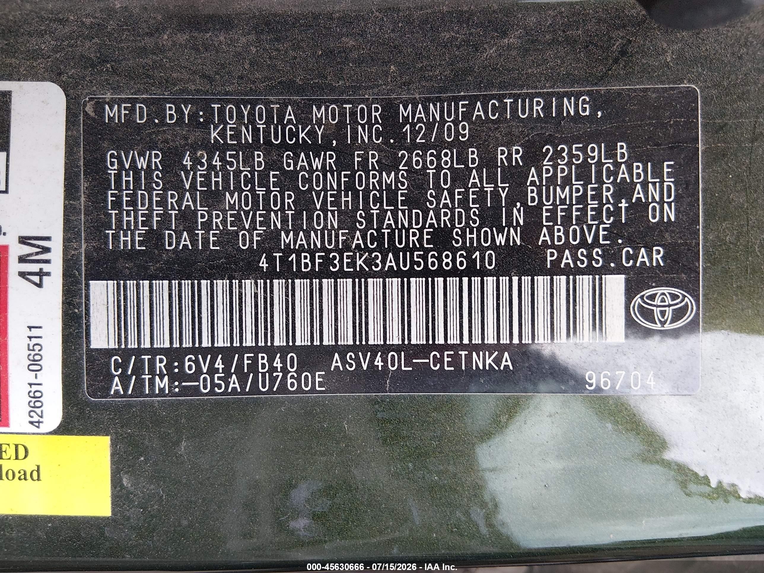 2010 Toyota Camry Le Green vin: 4T1BF3EK3AU568610