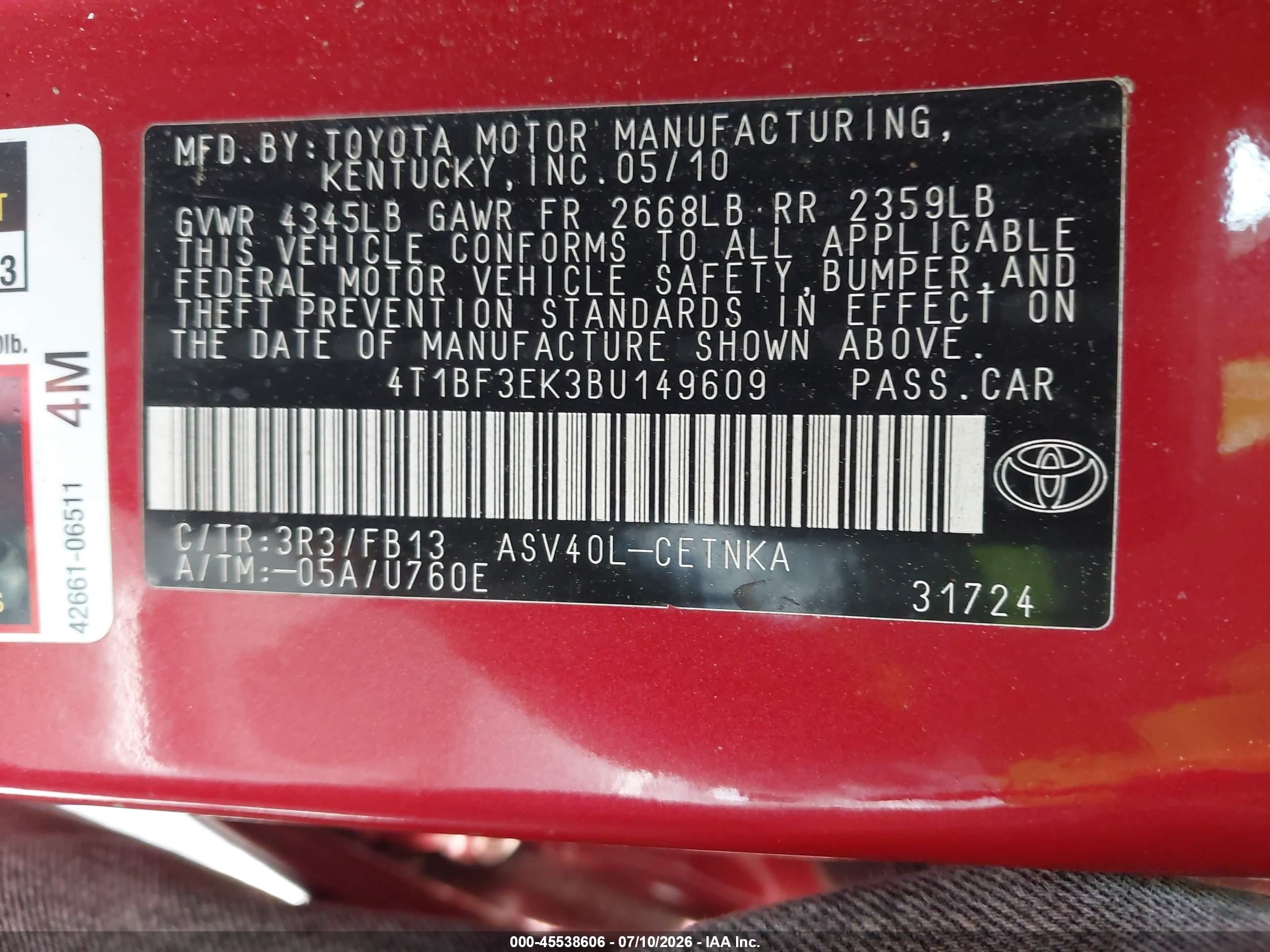 2011 Toyota Camry Le Red vin: 4T1BF3EK3BU149609