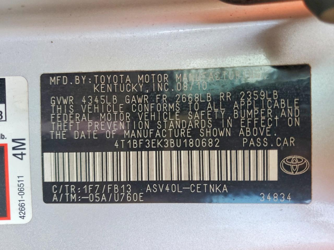 2011 Toyota Camry Le Silver vin: 4T1BF3EK3BU180682