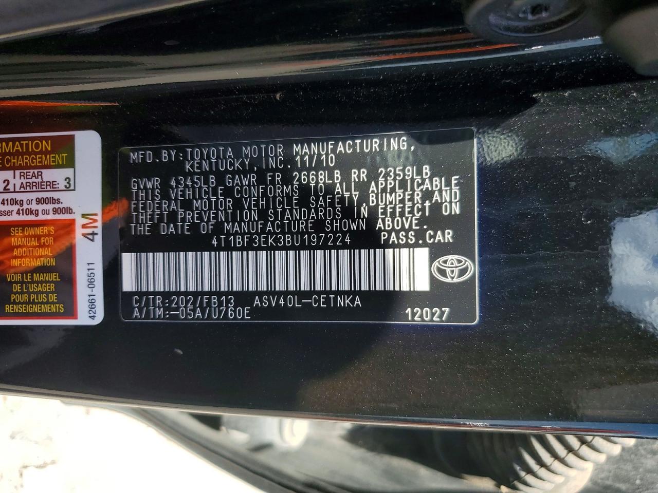 2011 Toyota Camry Base Black vin: 4T1BF3EK3BU197224