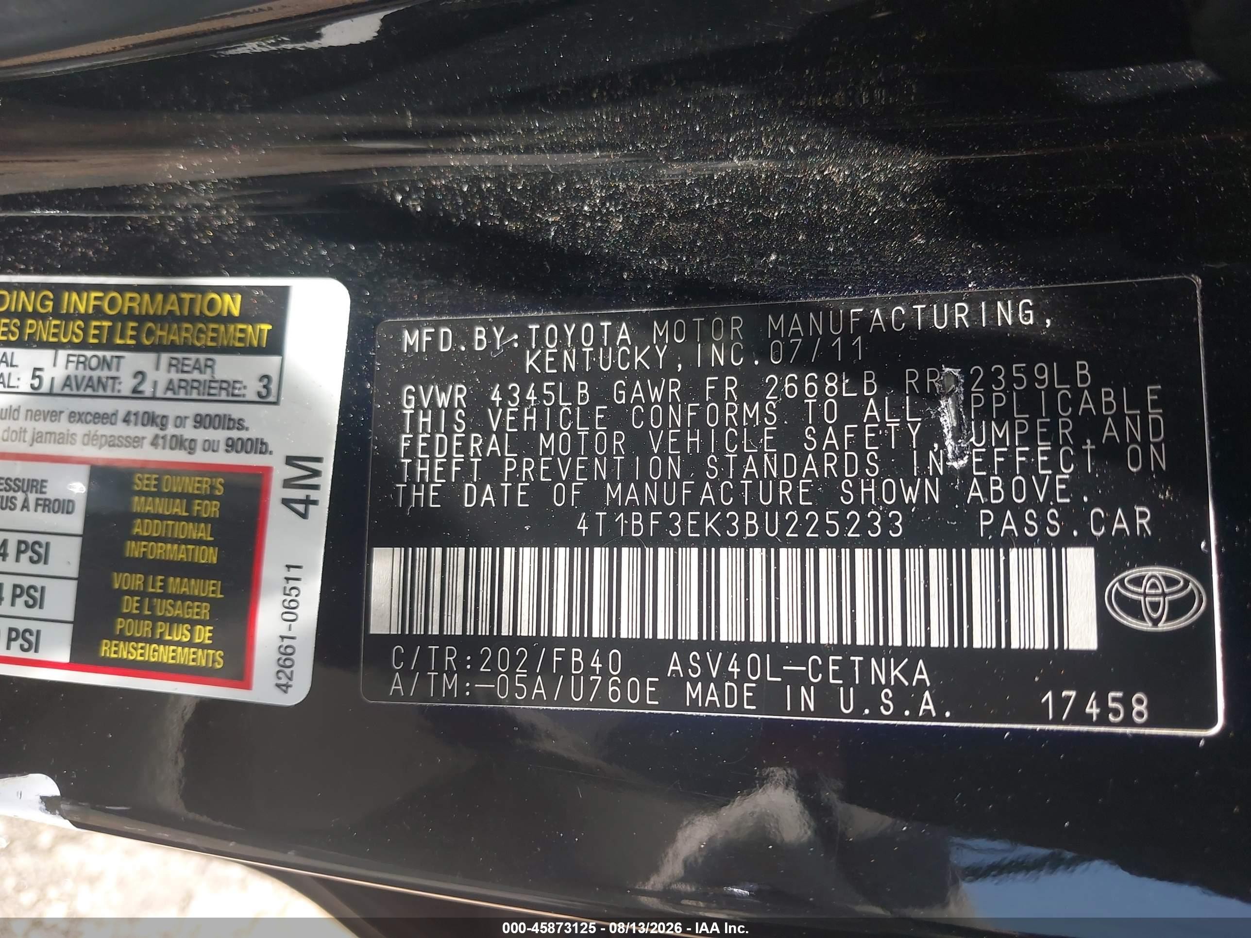 2011 Toyota Camry   Black vin: 4T1BF3EK3BU225233