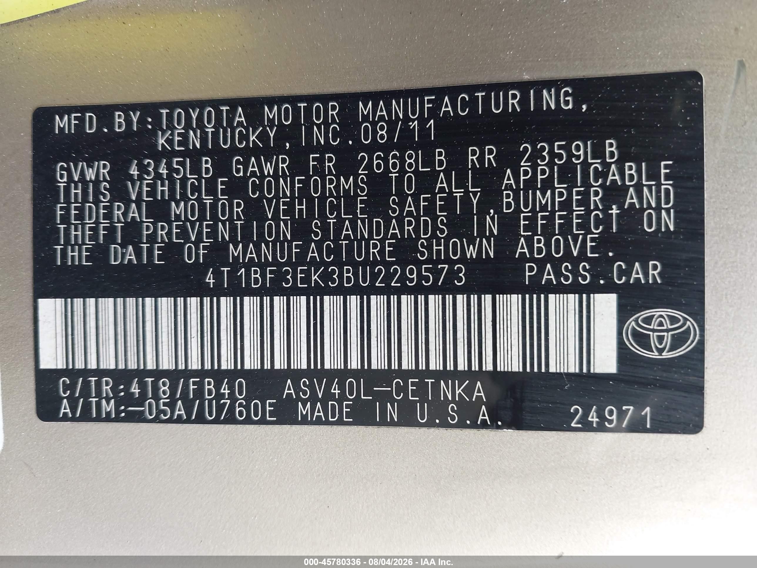 2011 Toyota Camry Le Champagne vin: 4T1BF3EK3BU229573