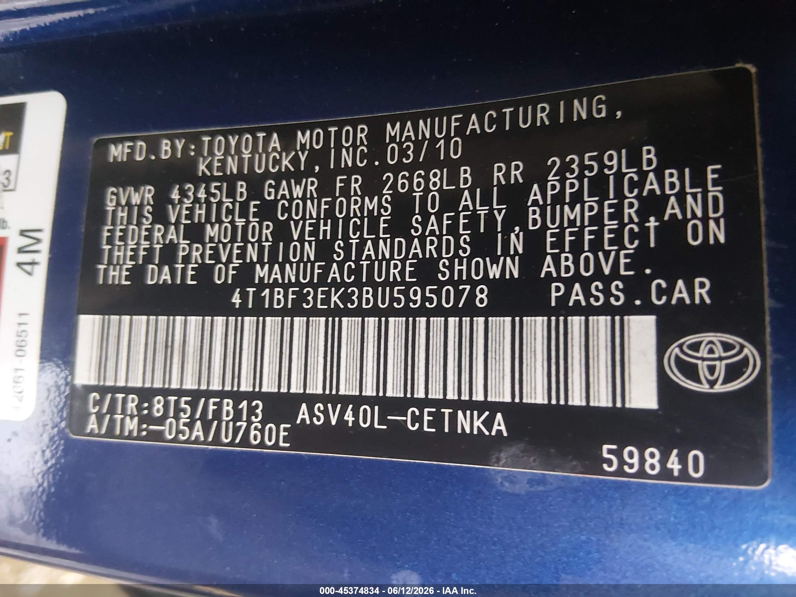 2011 Toyota Camry Le Синий vin: 4T1BF3EK3BU595078