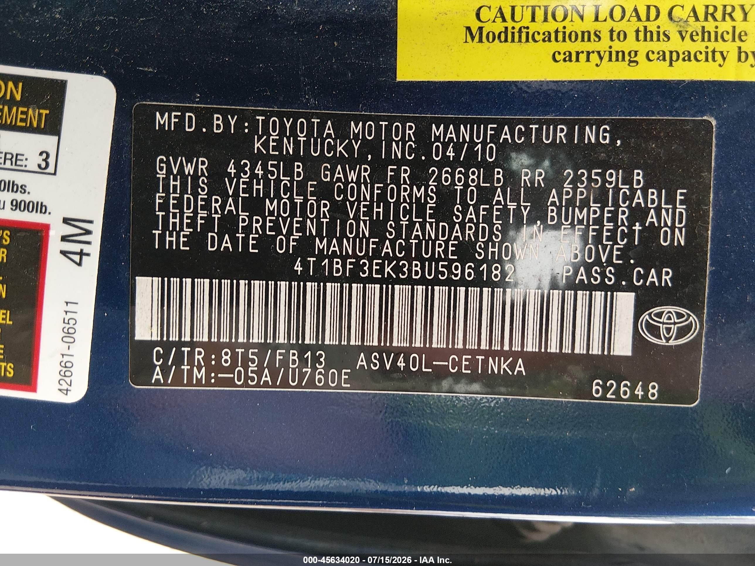 2011 Toyota Camry Le Blue vin: 4T1BF3EK3BU596182