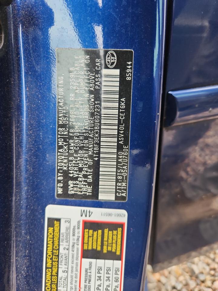 2011 Toyota Camry Xle Blue vin: 4T1BF3EK3BU607231