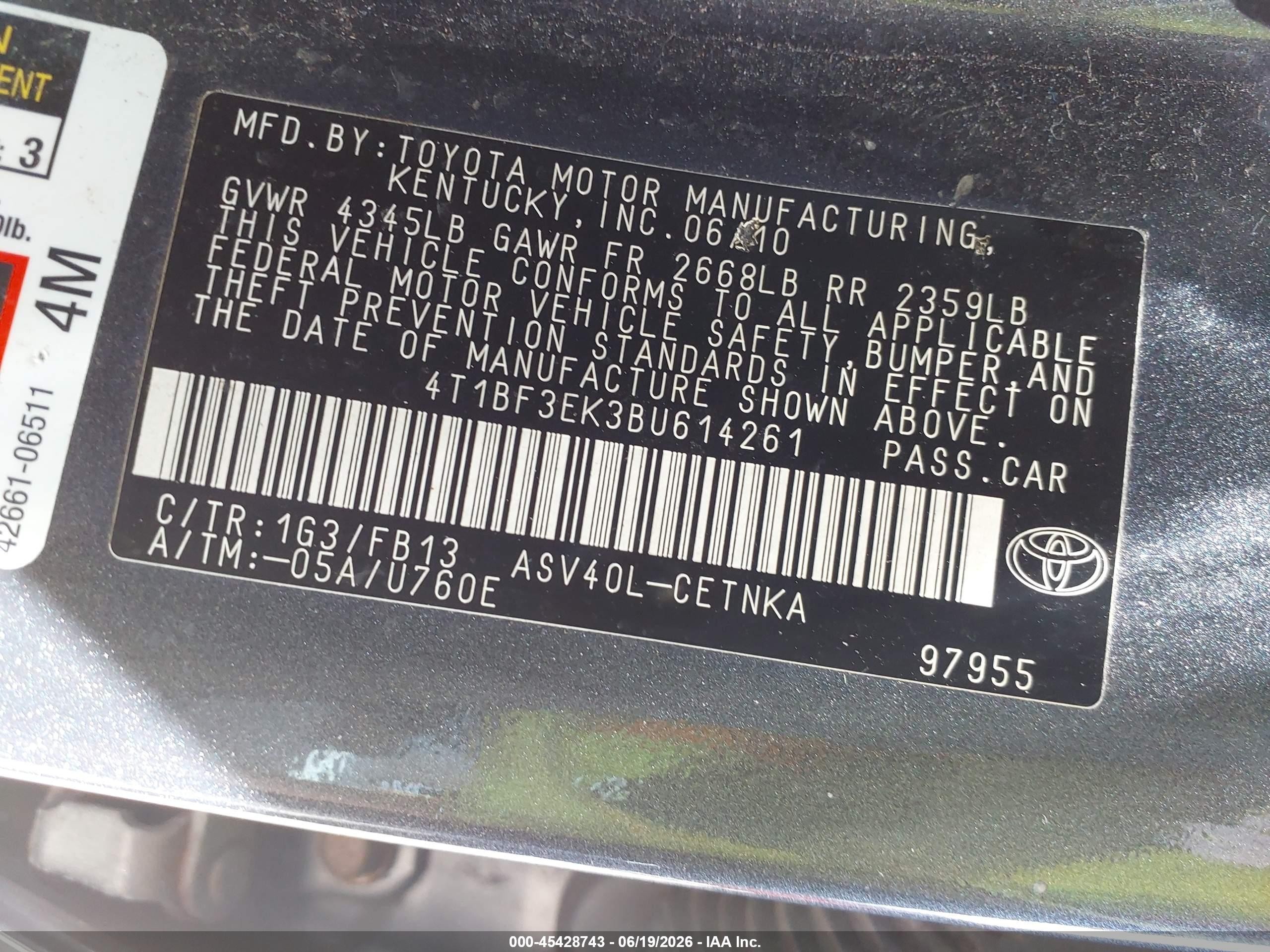 2011 Toyota Camry Le Gray vin: 4T1BF3EK3BU614261