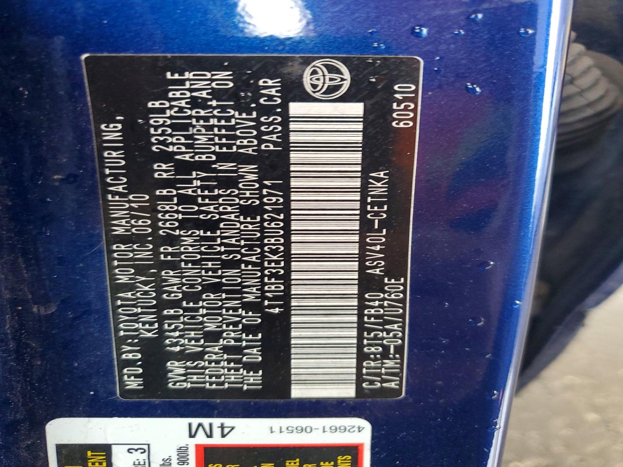 2011 Toyota Camry Le Blue vin: 4T1BF3EK3BU621971