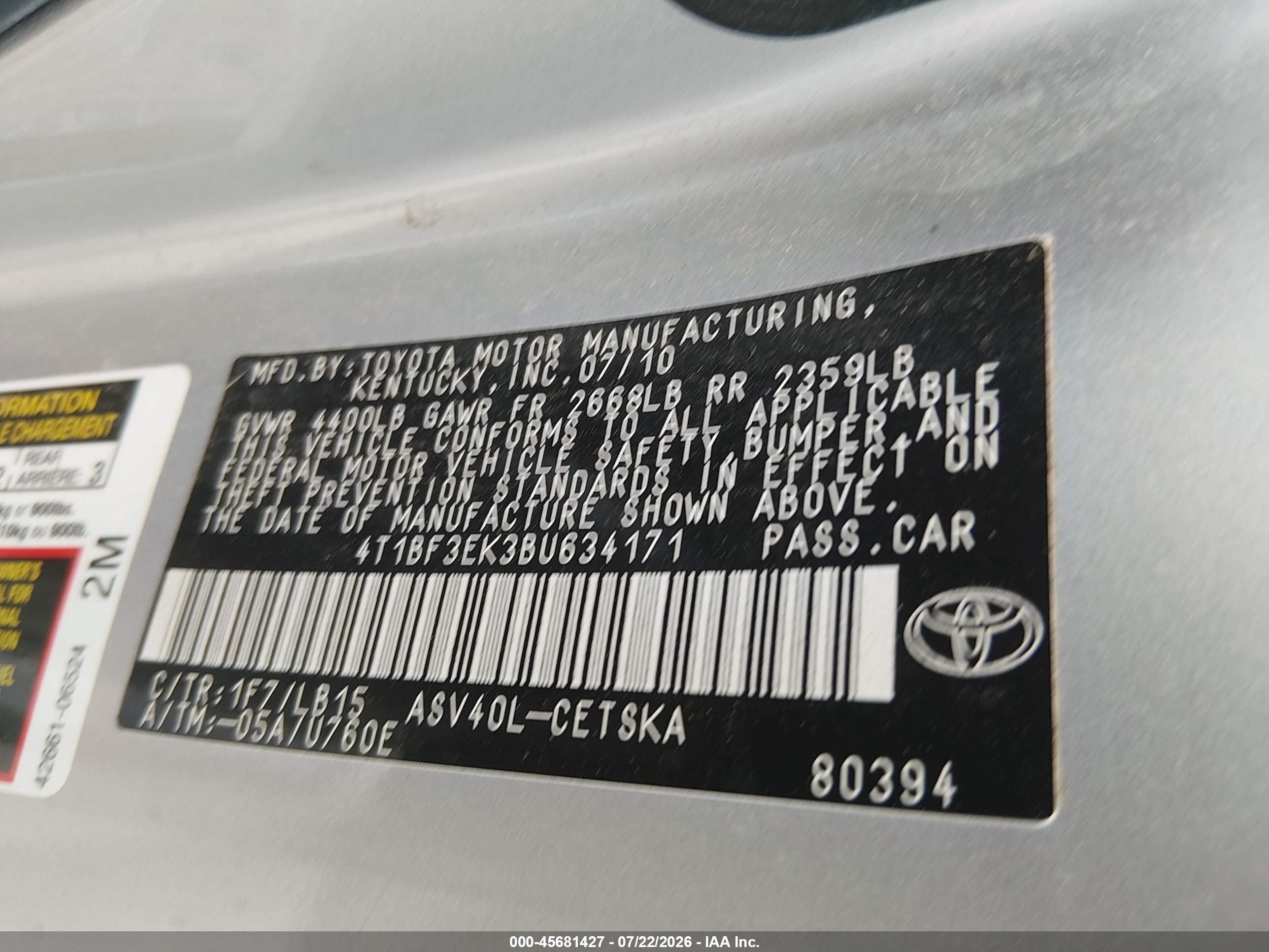 2011 Toyota Camry Se Серебряный vin: 4T1BF3EK3BU634171