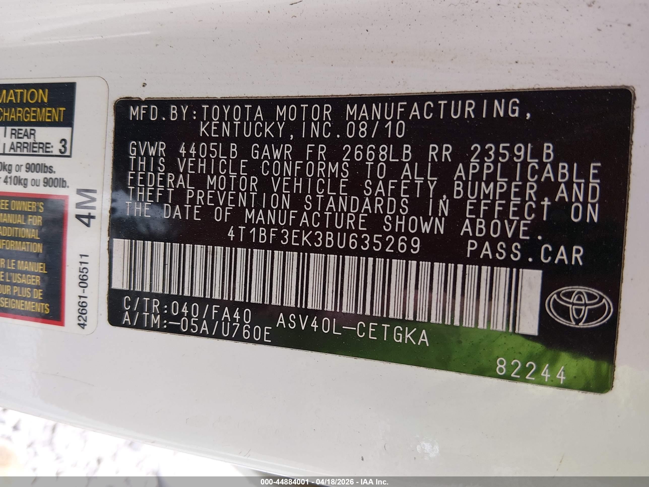 2011 Toyota Camry Xle White vin: 4T1BF3EK3BU635269