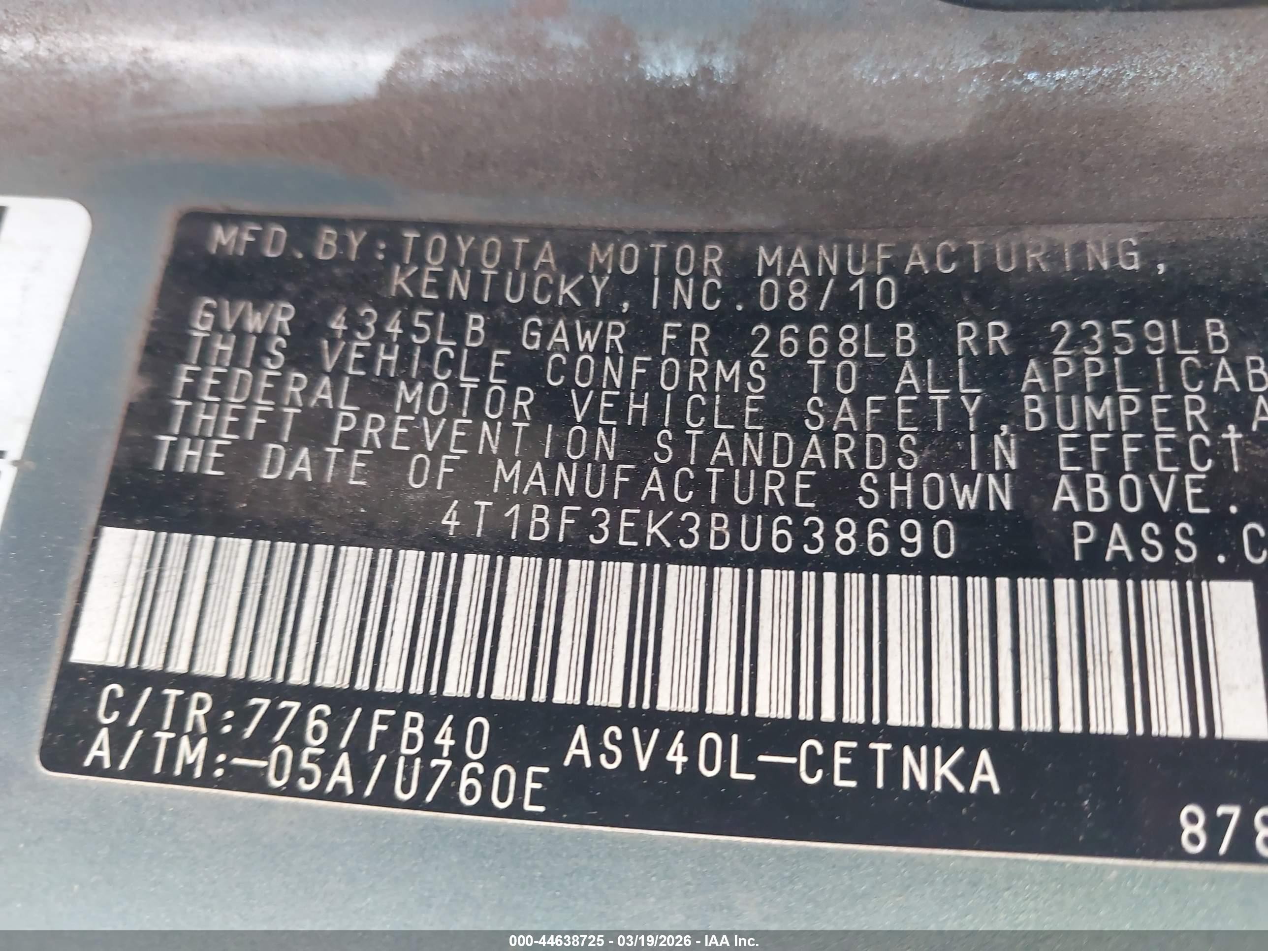 2011 Toyota Camry Le Green vin: 4T1BF3EK3BU638690