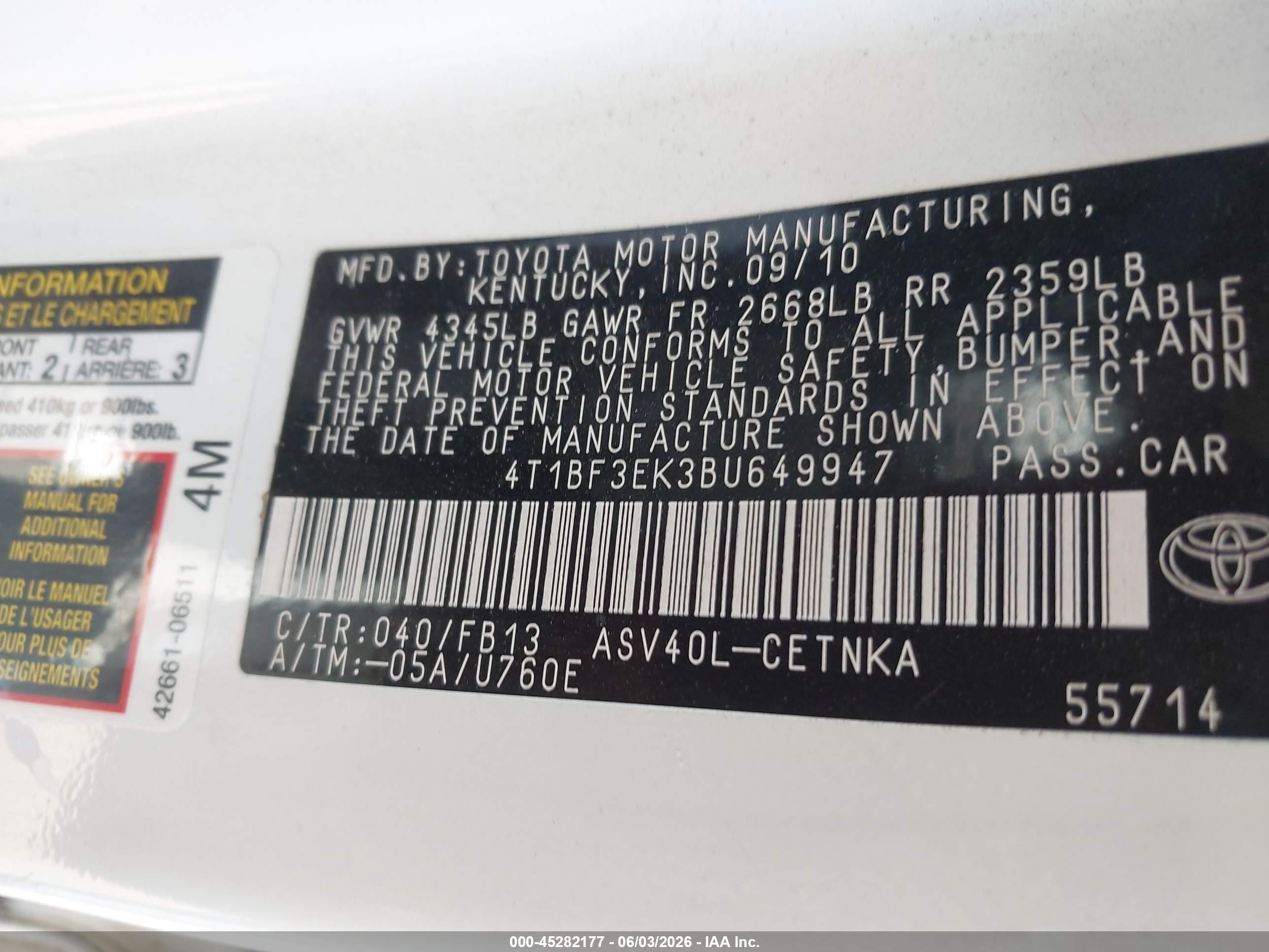 2011 Toyota Camry Le White vin: 4T1BF3EK3BU649947