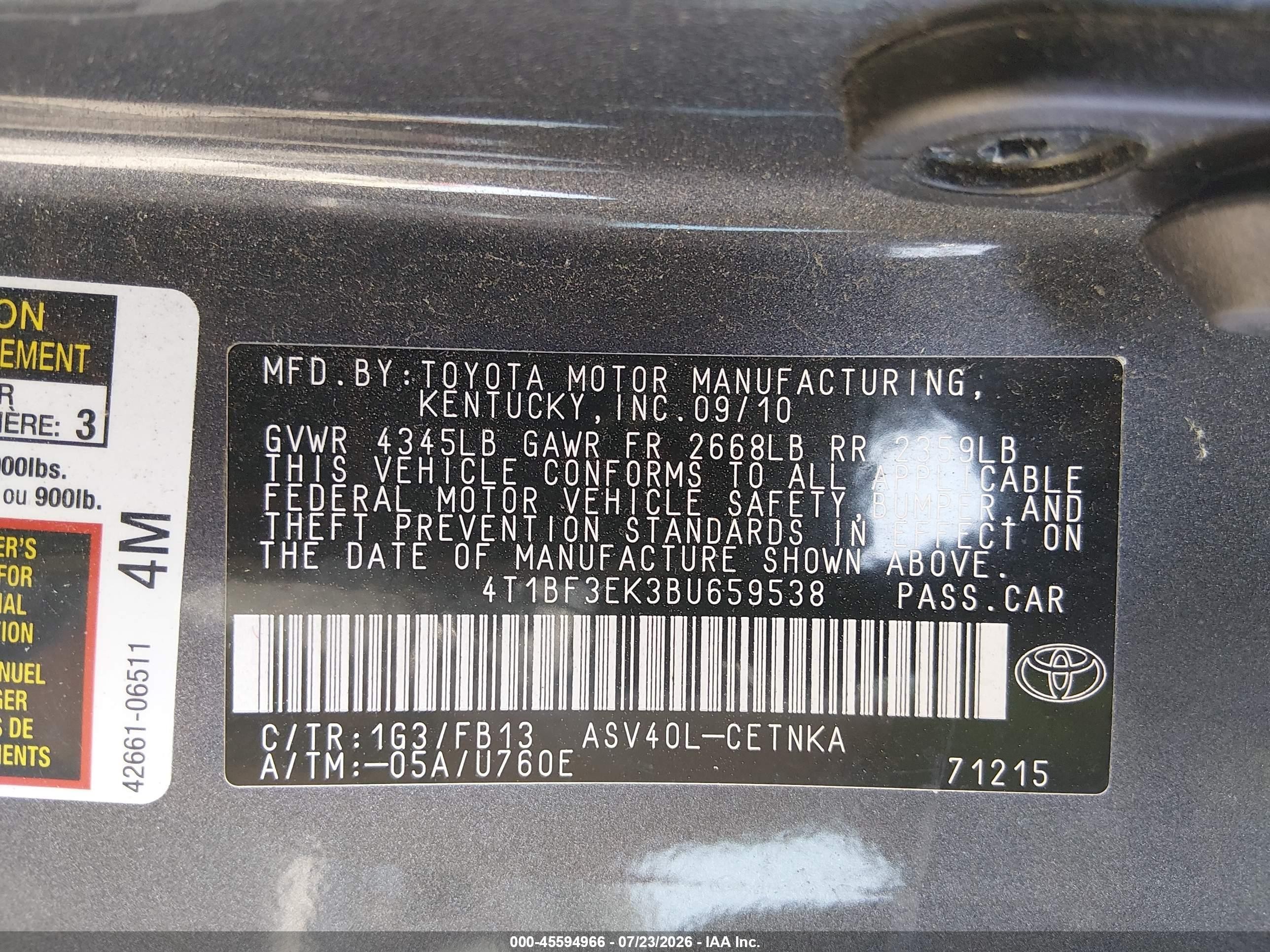 2011 Toyota Camry Le Gray vin: 4T1BF3EK3BU659538
