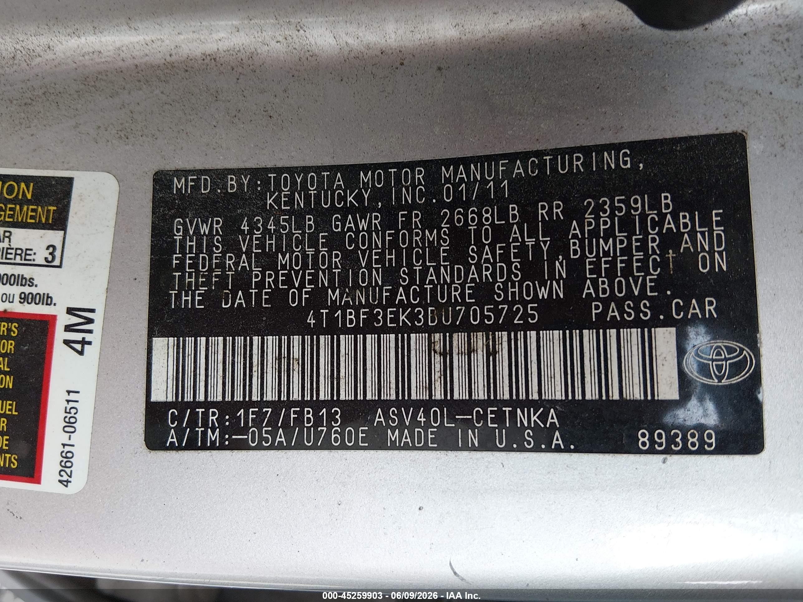 2011 Toyota Camry Le Silver vin: 4T1BF3EK3BU705725