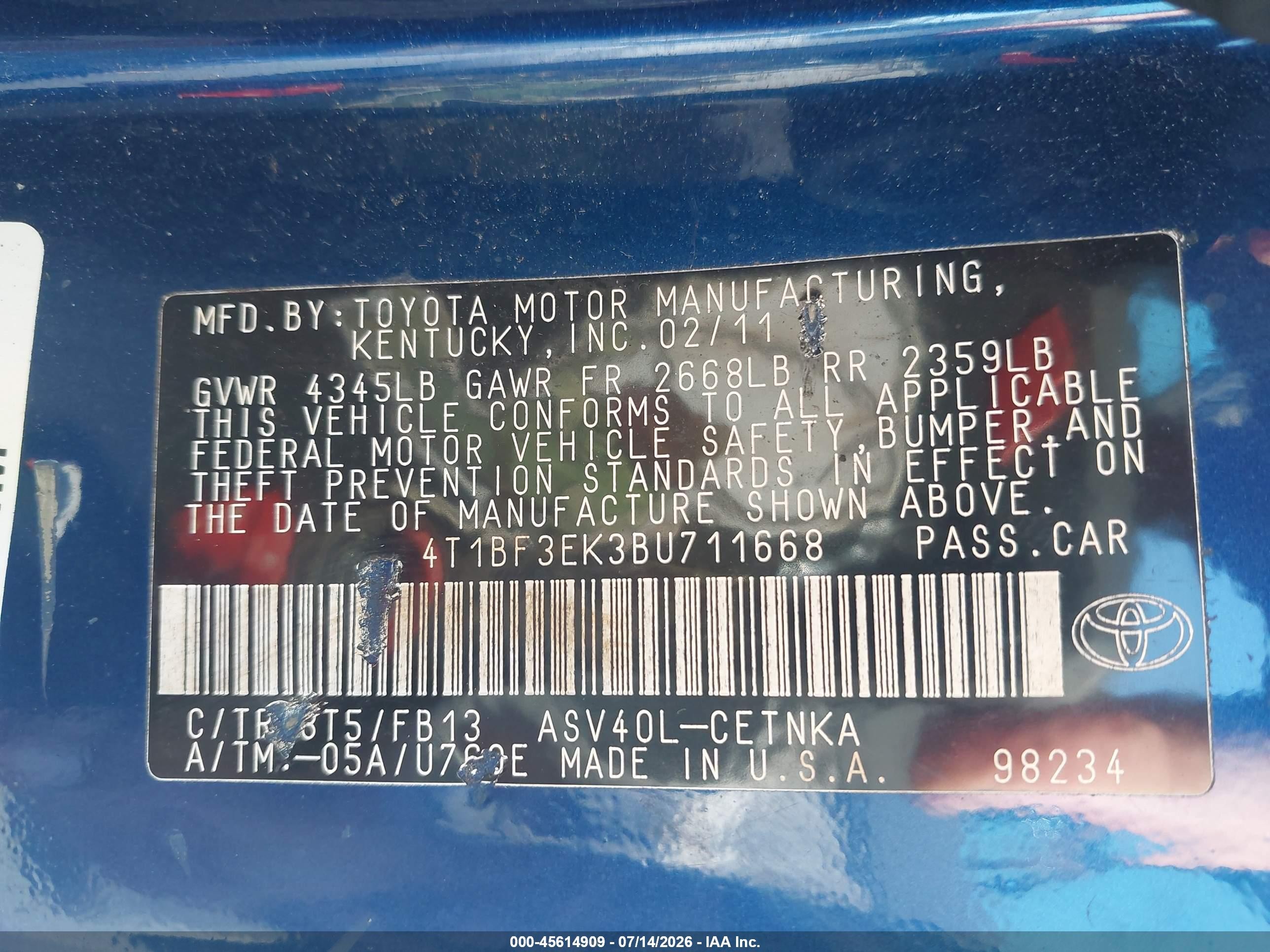 2011 Toyota Camry Le Blue vin: 4T1BF3EK3BU711668
