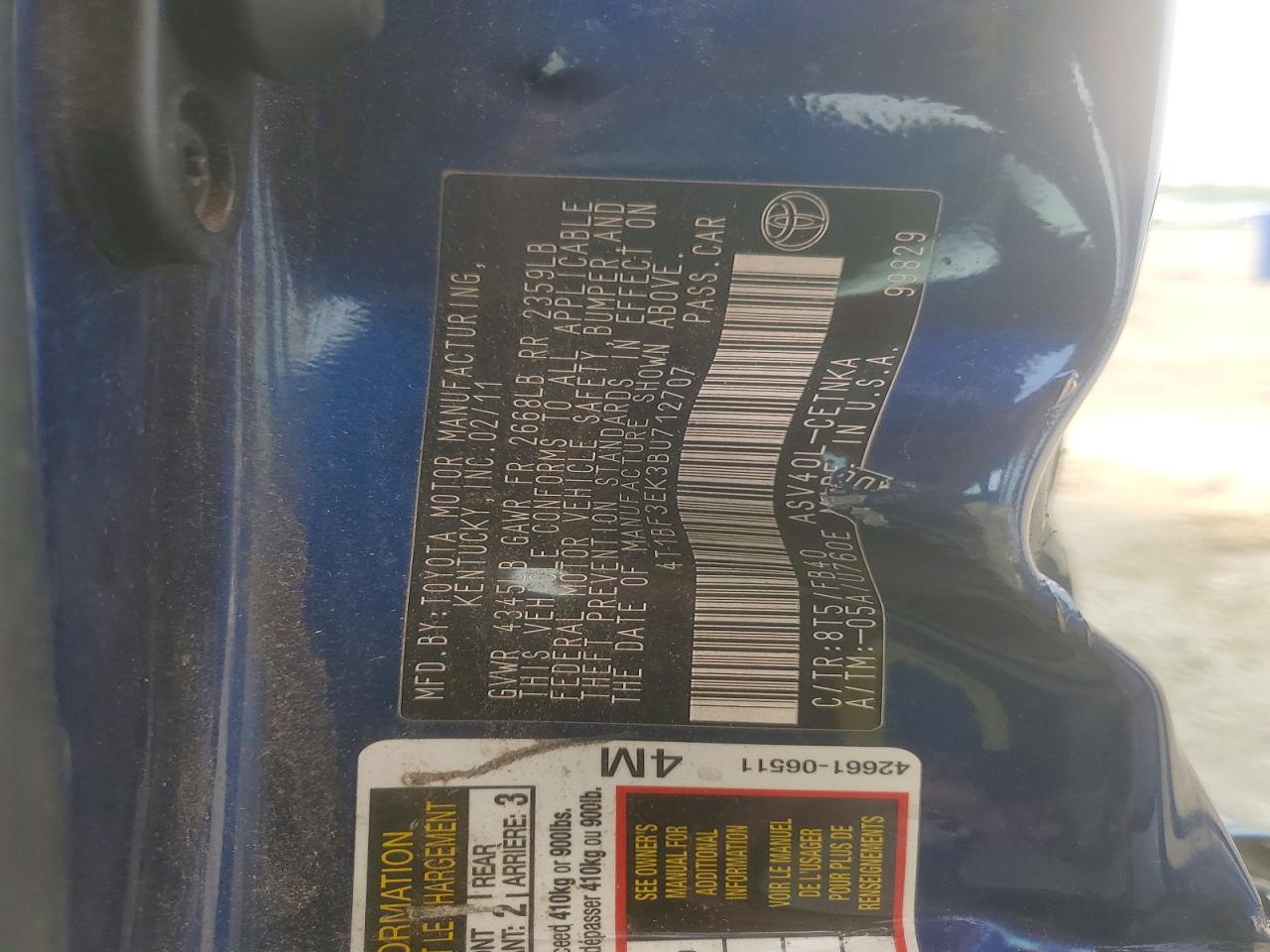 2011 Toyota Camry Le Blue vin: 4T1BF3EK3BU712707