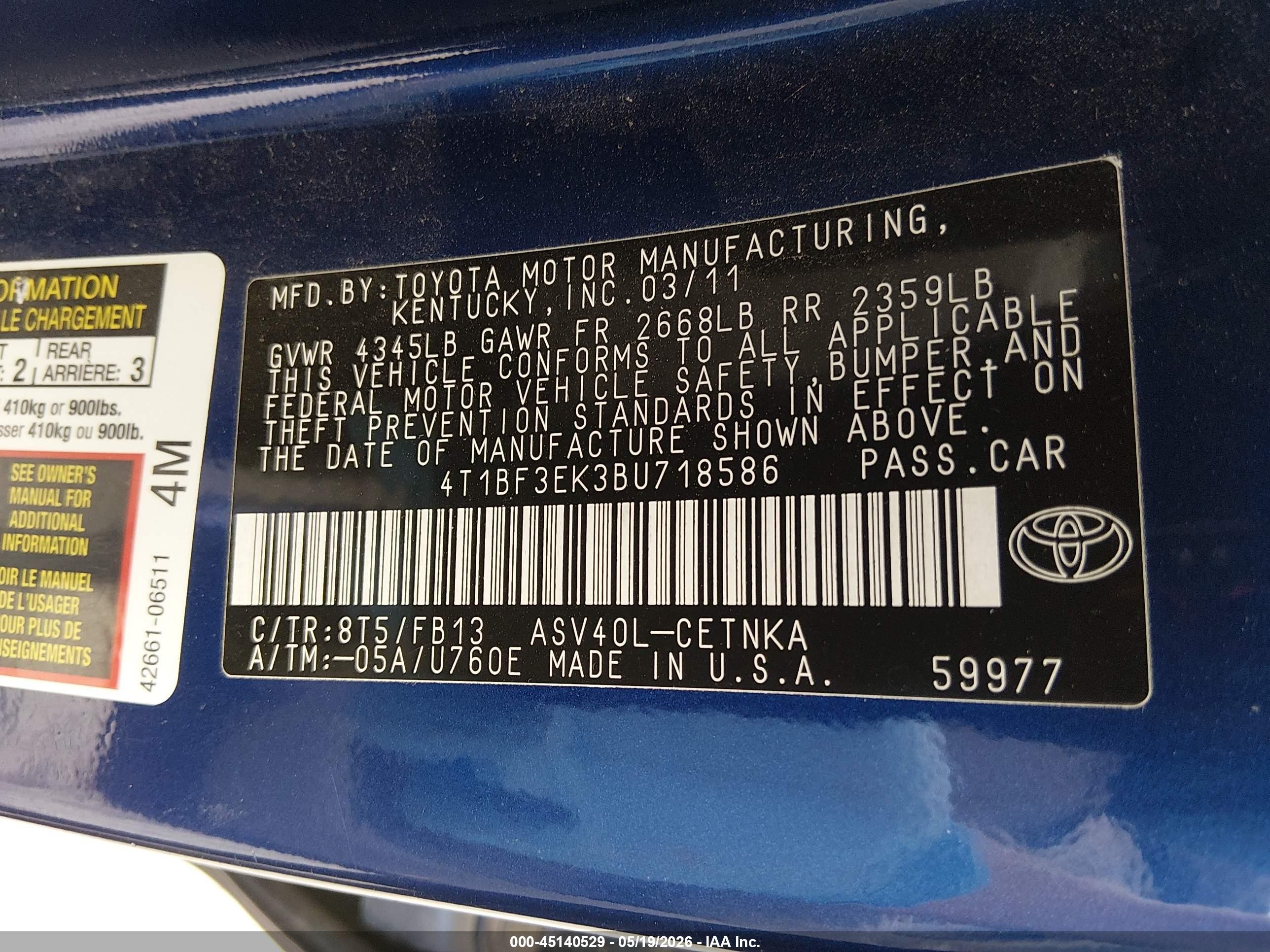 2011 Toyota Camry Le Blue vin: 4T1BF3EK3BU718586