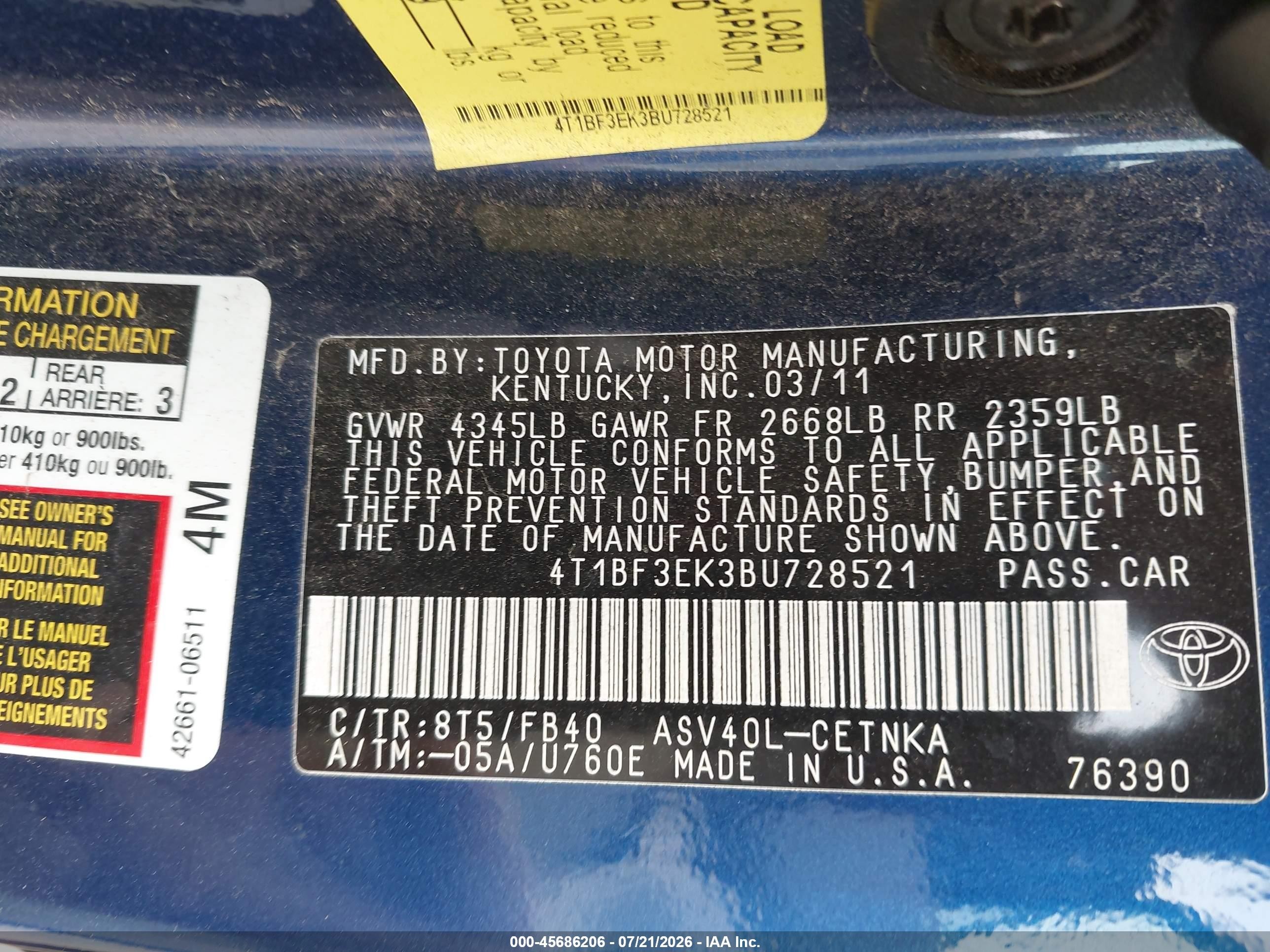 2011 Toyota Camry Le Blue vin: 4T1BF3EK3BU728521