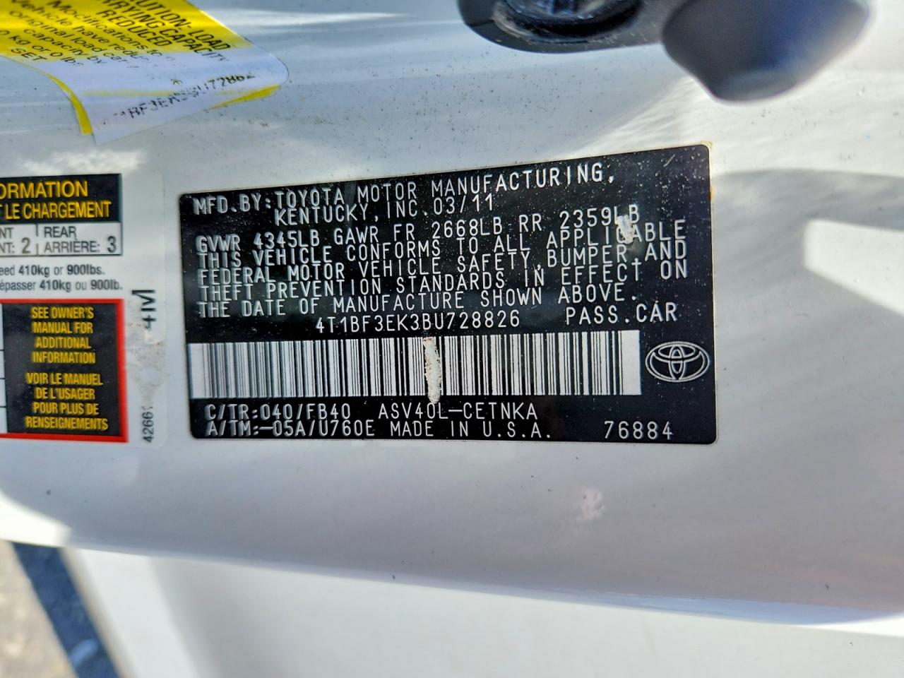 2011 Toyota Camry Base White vin: 4T1BF3EK3BU728826