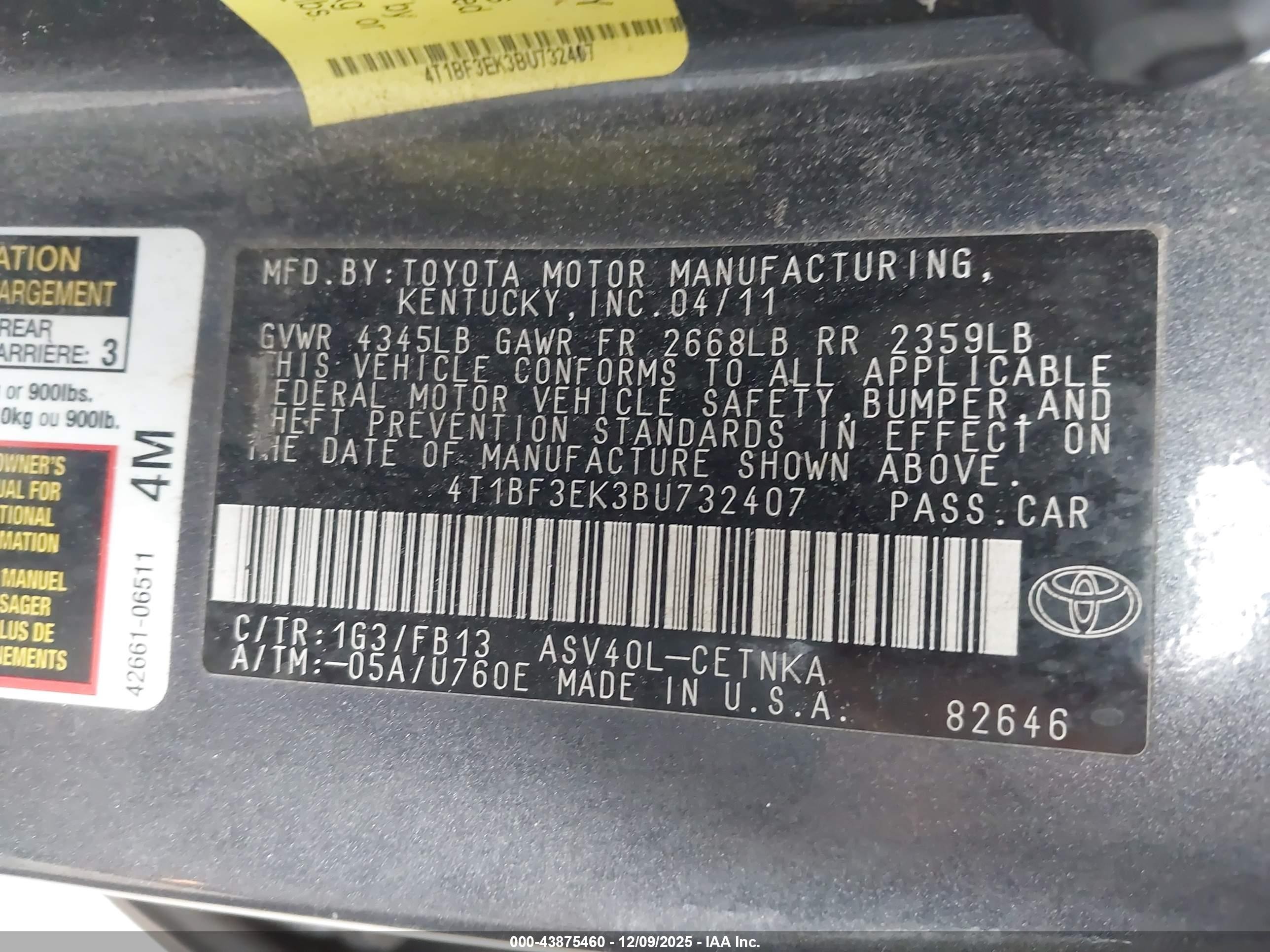 2011 Toyota Camry Le Gray vin: 4T1BF3EK3BU732407