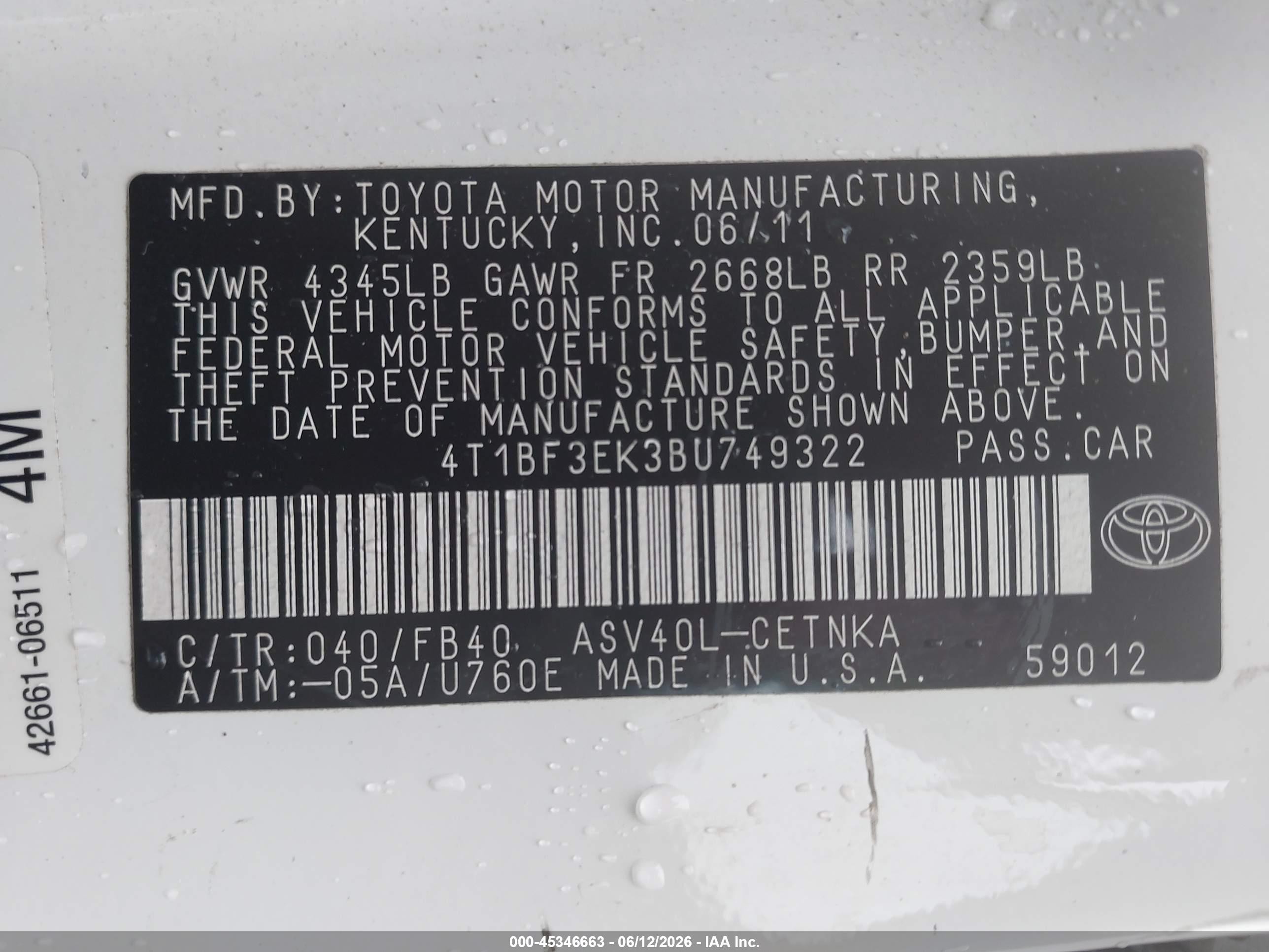 2011 Toyota Camry Le White vin: 4T1BF3EK3BU749322
