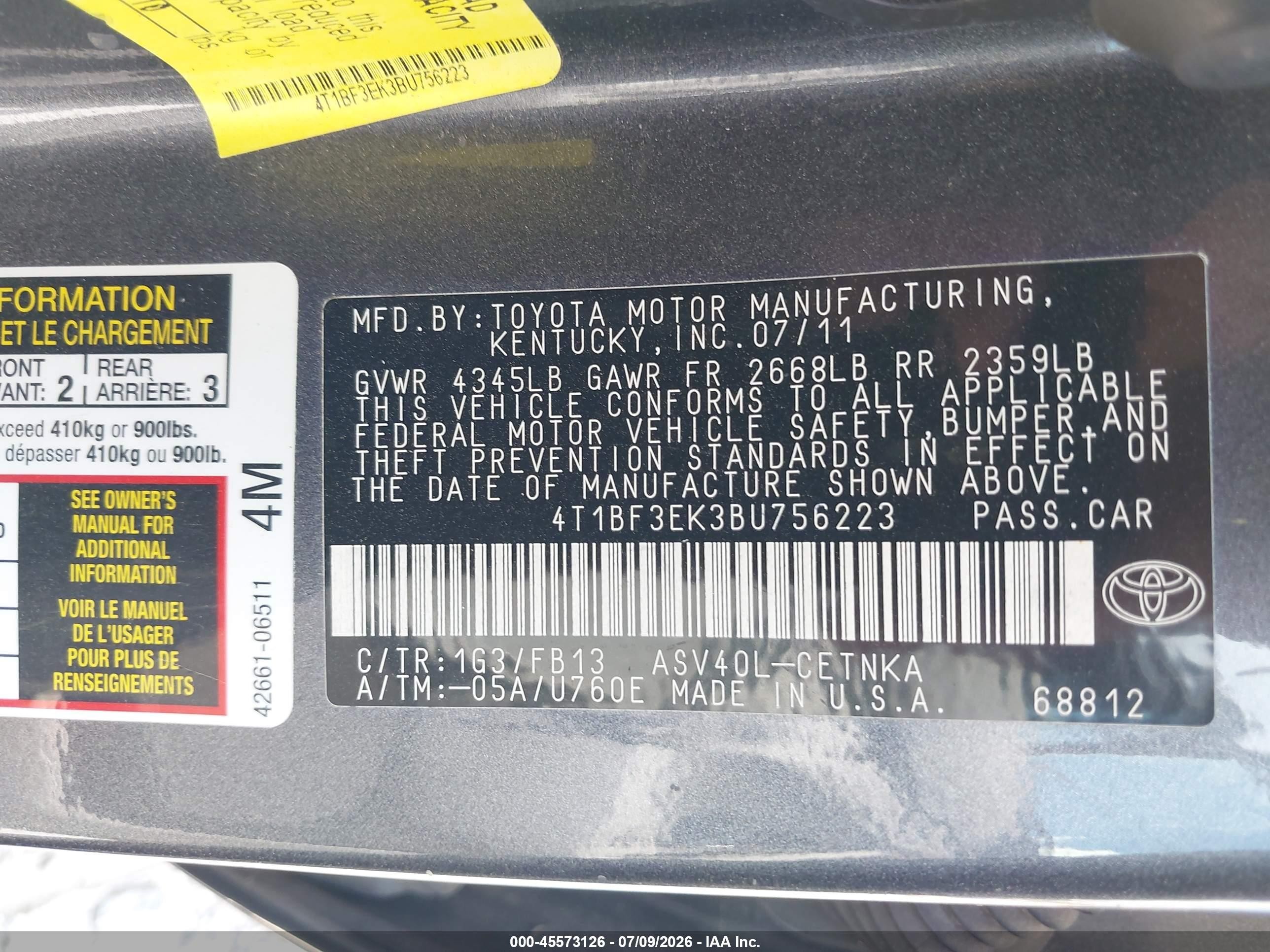 2011 Toyota Camry Le Gray vin: 4T1BF3EK3BU756223