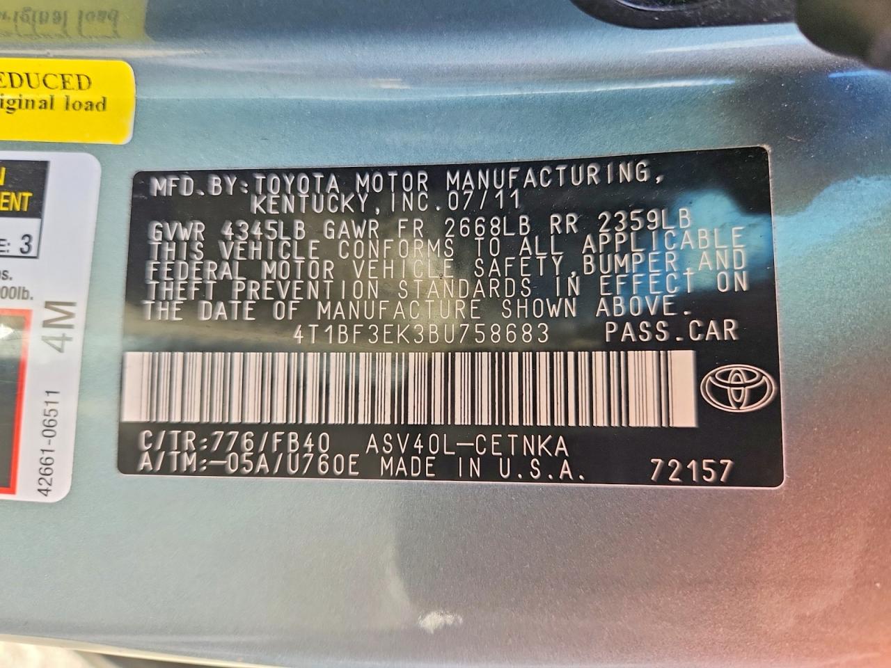 2011 Toyota Camry Le Green vin: 4T1BF3EK3BU758683