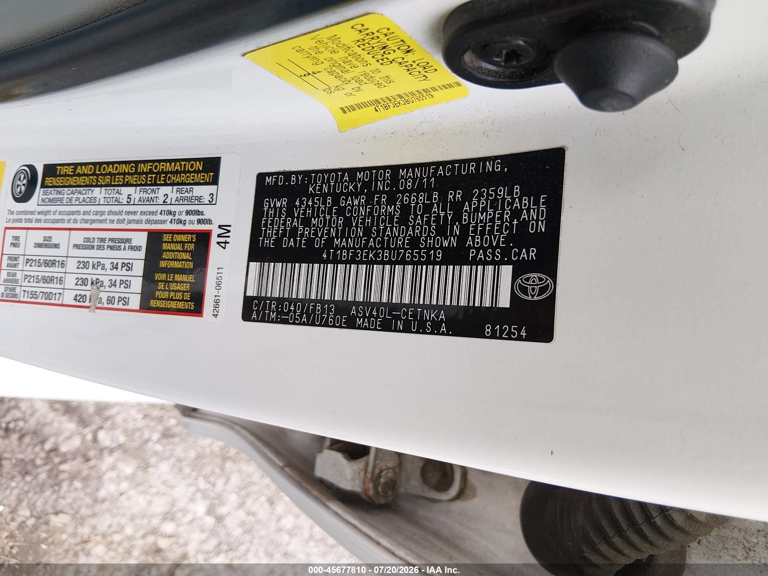 2011 Toyota Camry Le White vin: 4T1BF3EK3BU765519