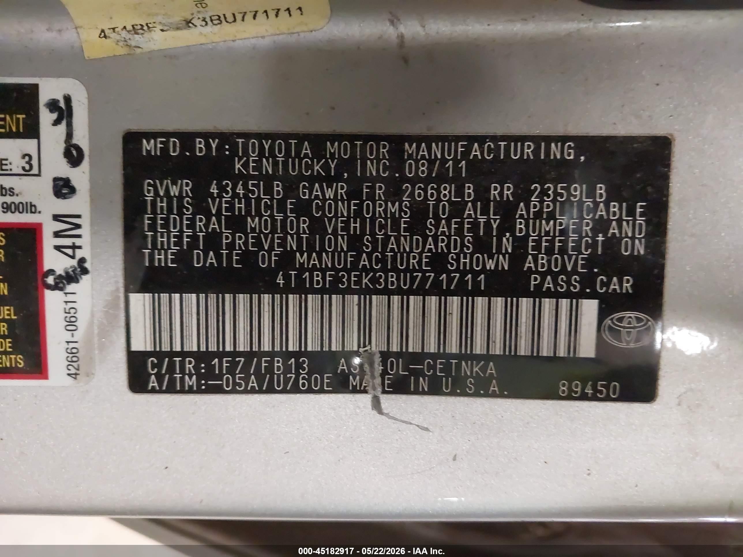 2011 Toyota Camry Le Silver vin: 4T1BF3EK3BU771711