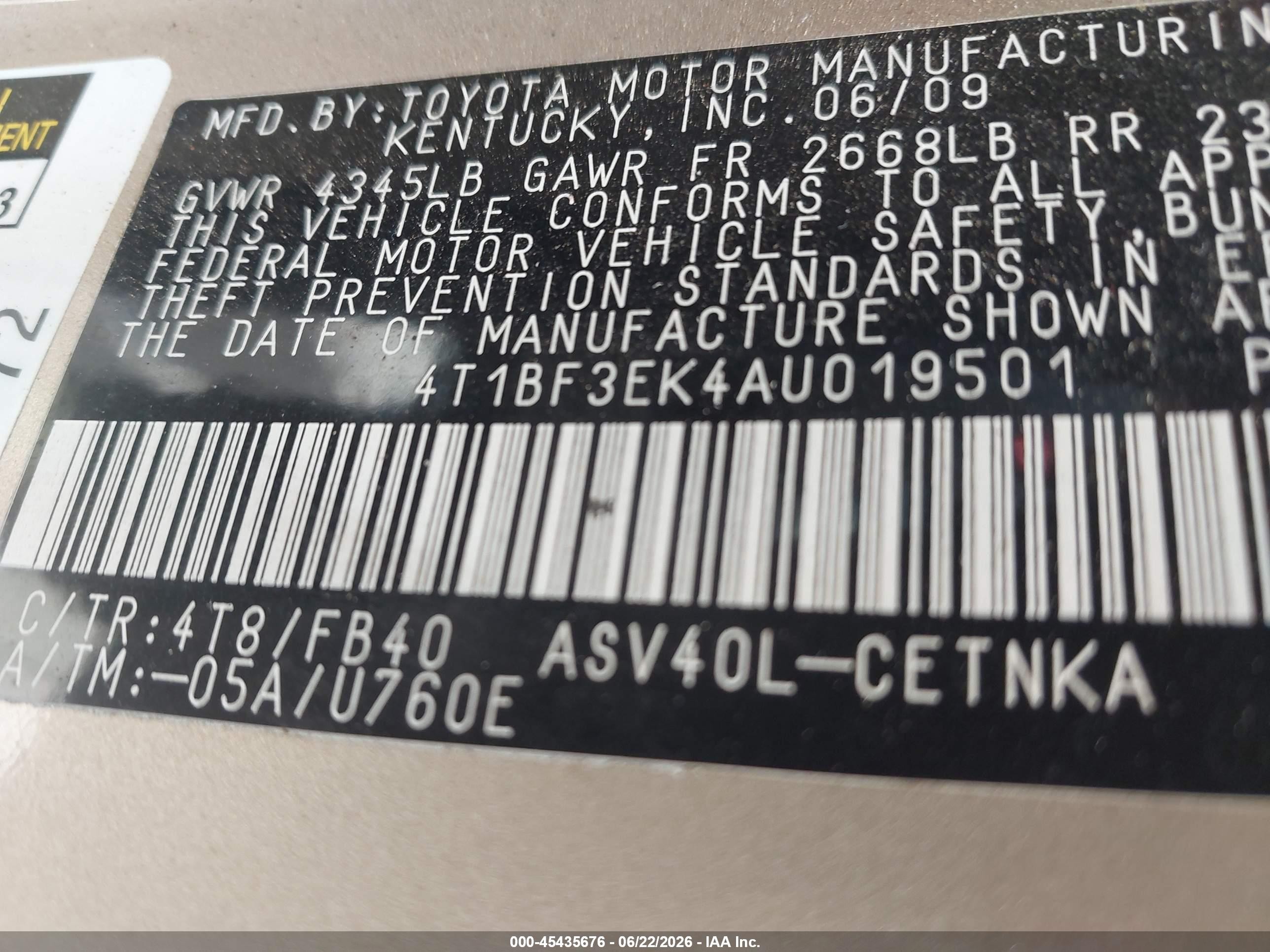 2010 Toyota Camry Le Gold vin: 4T1BF3EK4AU019501